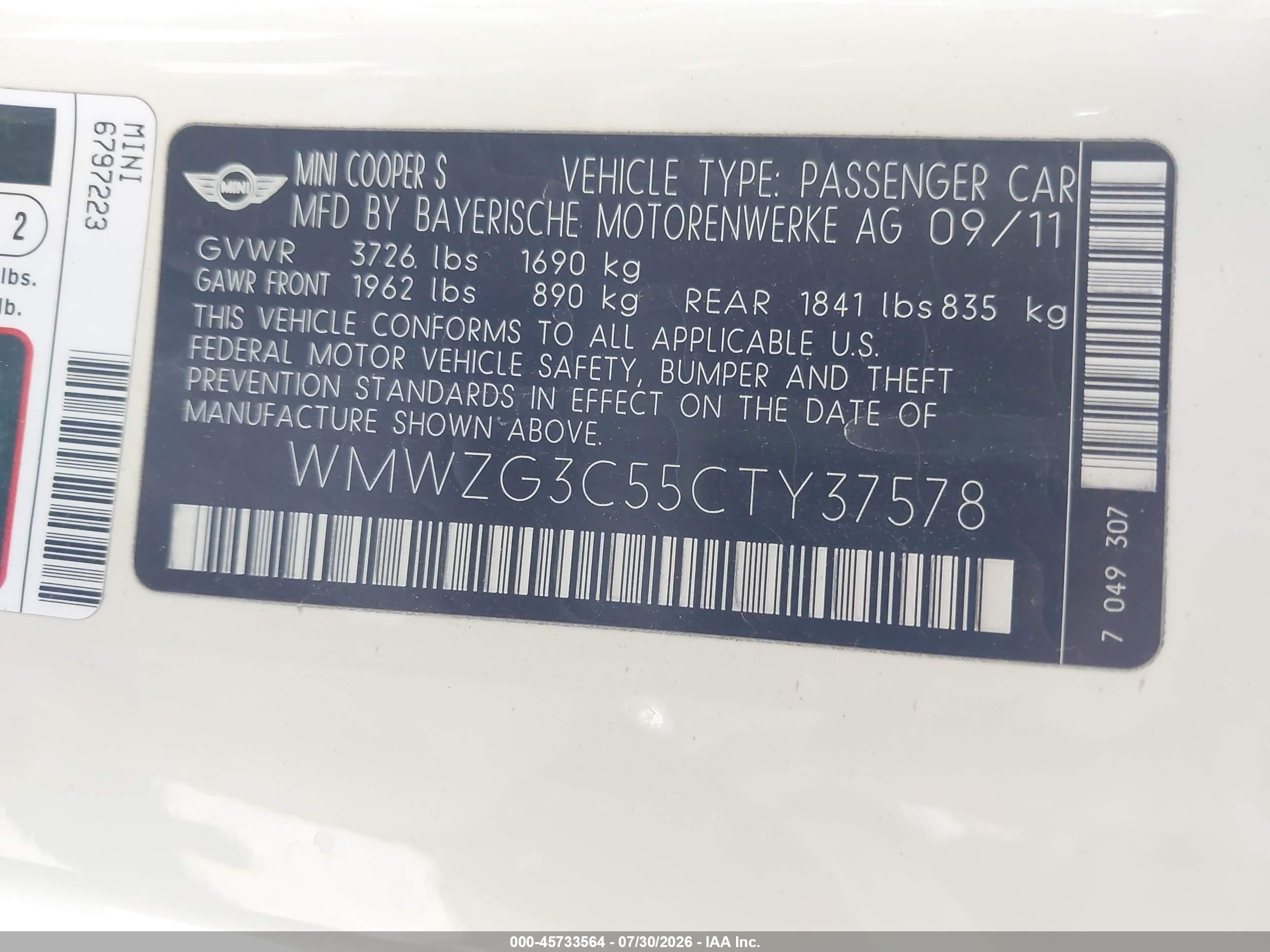 2012 Mini Cooper S Clubman   White vin: WMWZG3C55CTY37578