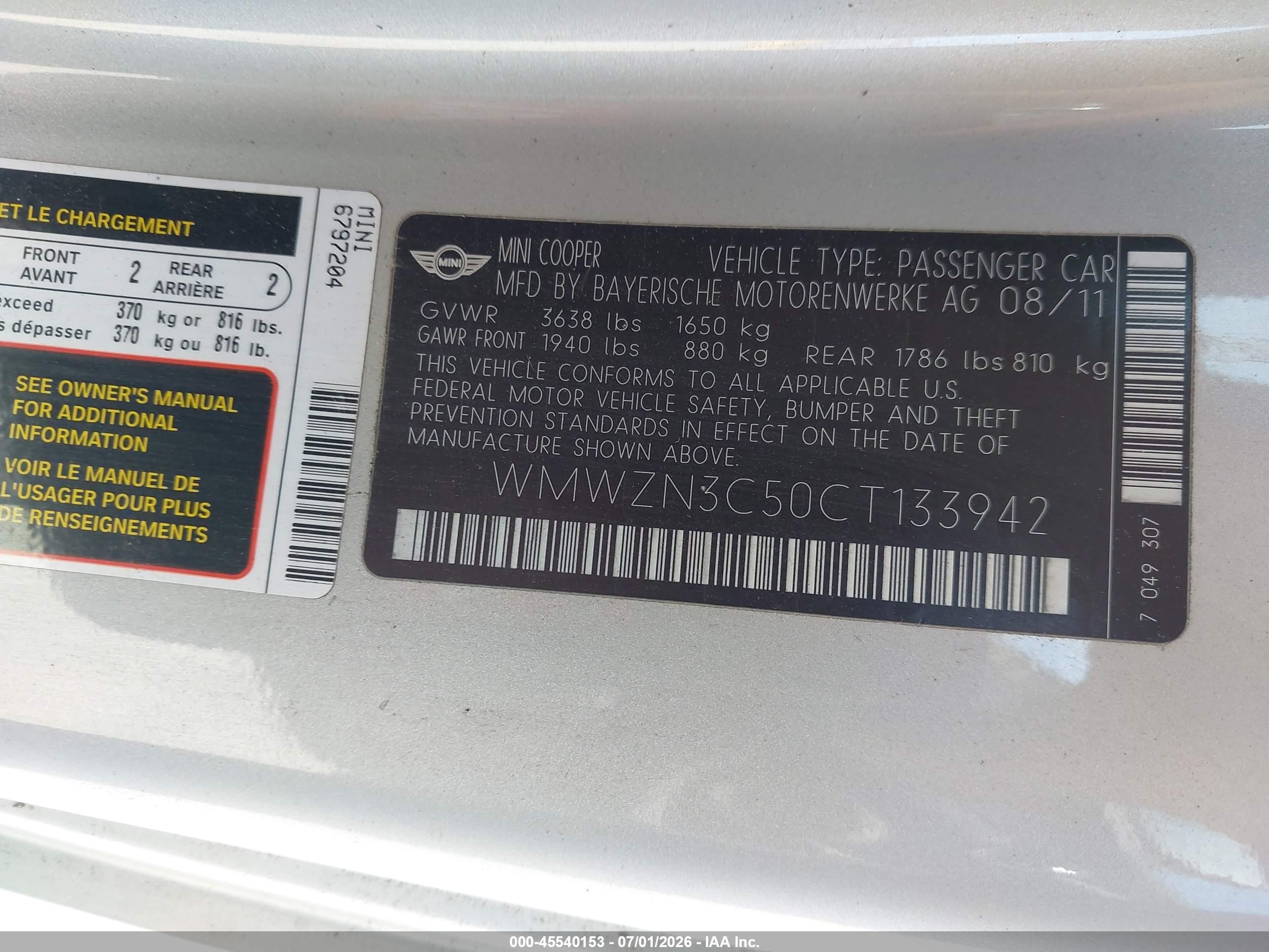2012 Mini Cooper   Gray vin: WMWZN3C50CT133942