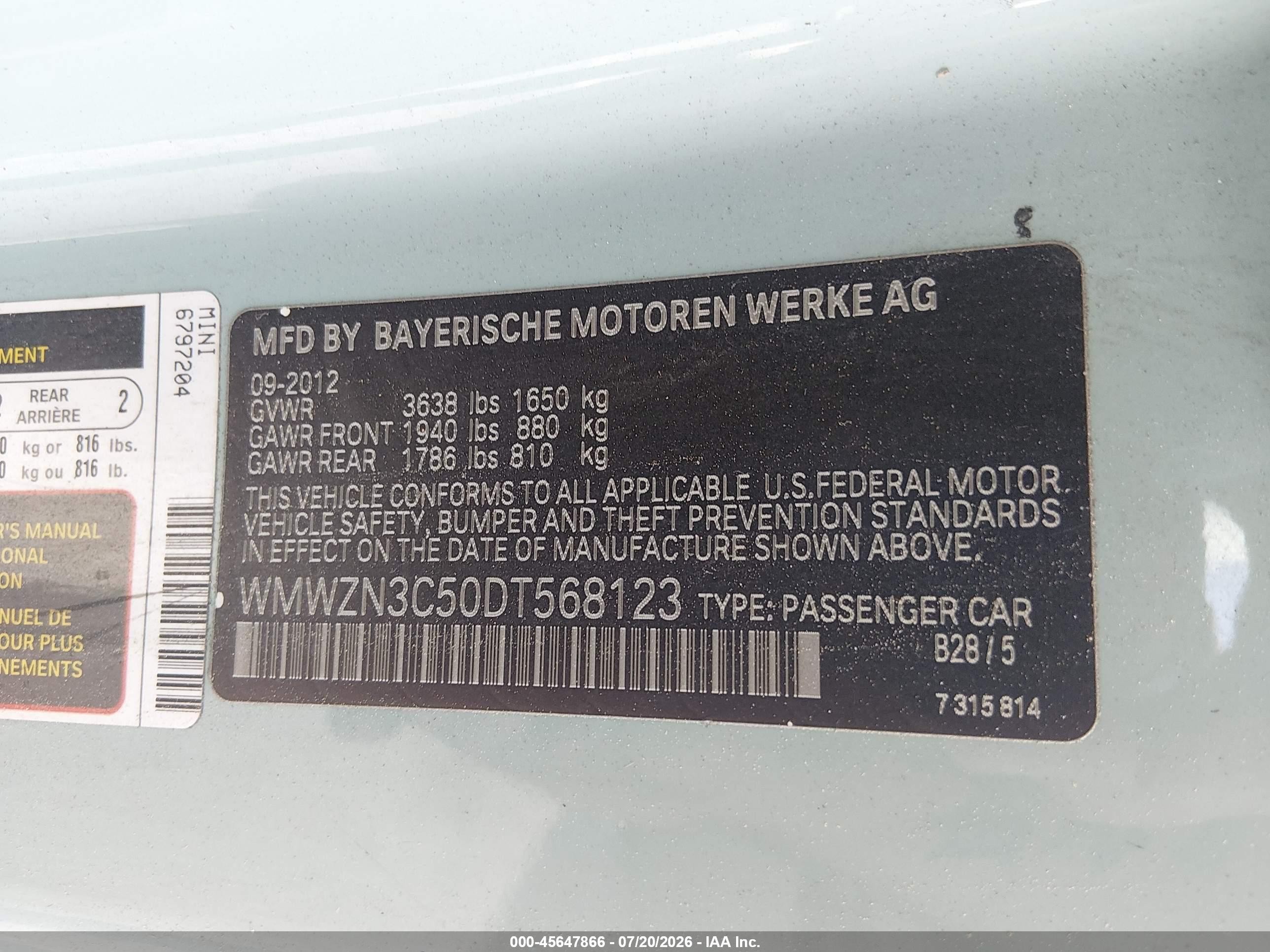 2013 Mini Convertible Cooper Blue vin: WMWZN3C50DT568123