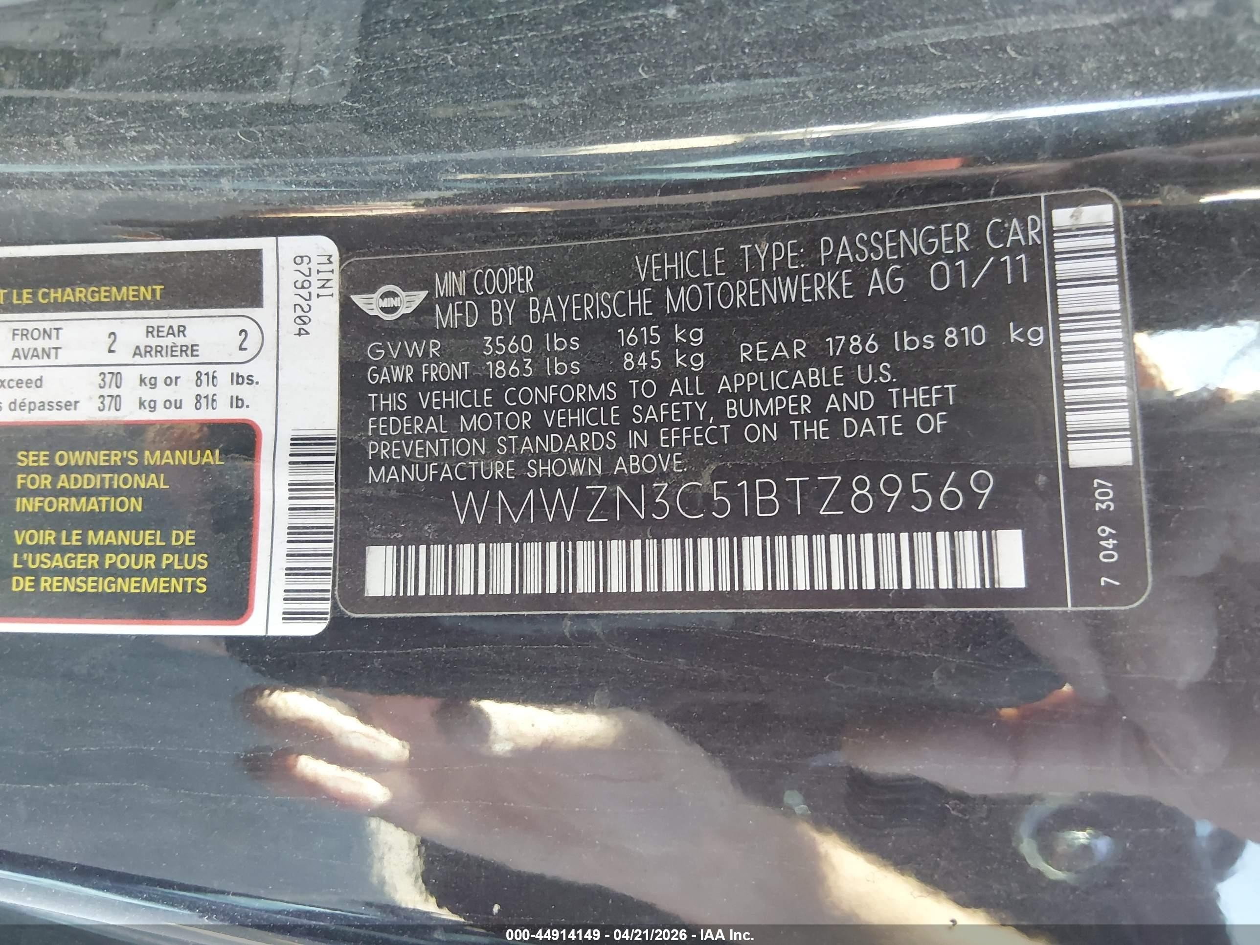 2011 Mini Cooper   Black vin: WMWZN3C51BTZ89569