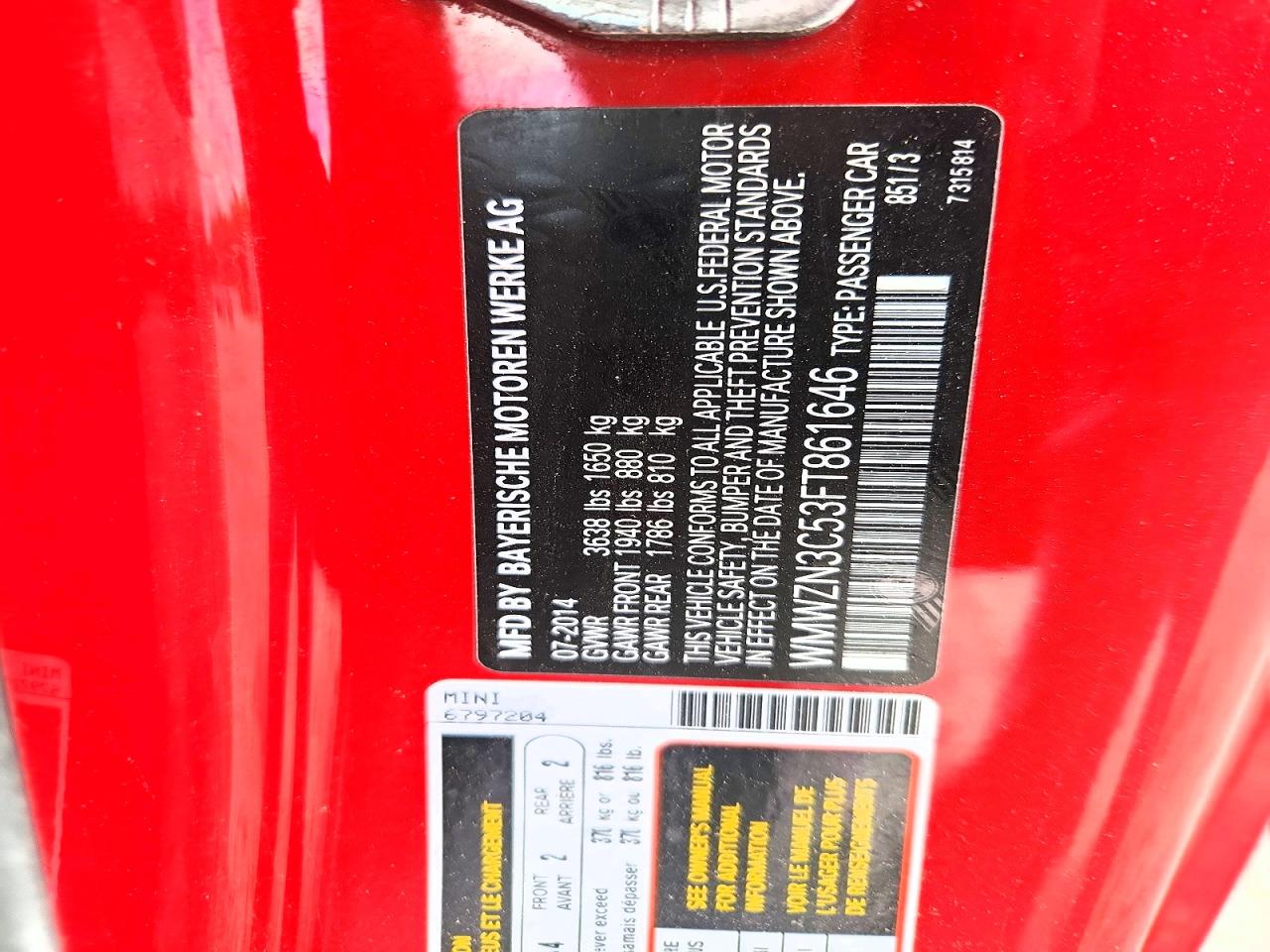 2015 Mini Cooper Red vin: WMWZN3C53FT861646