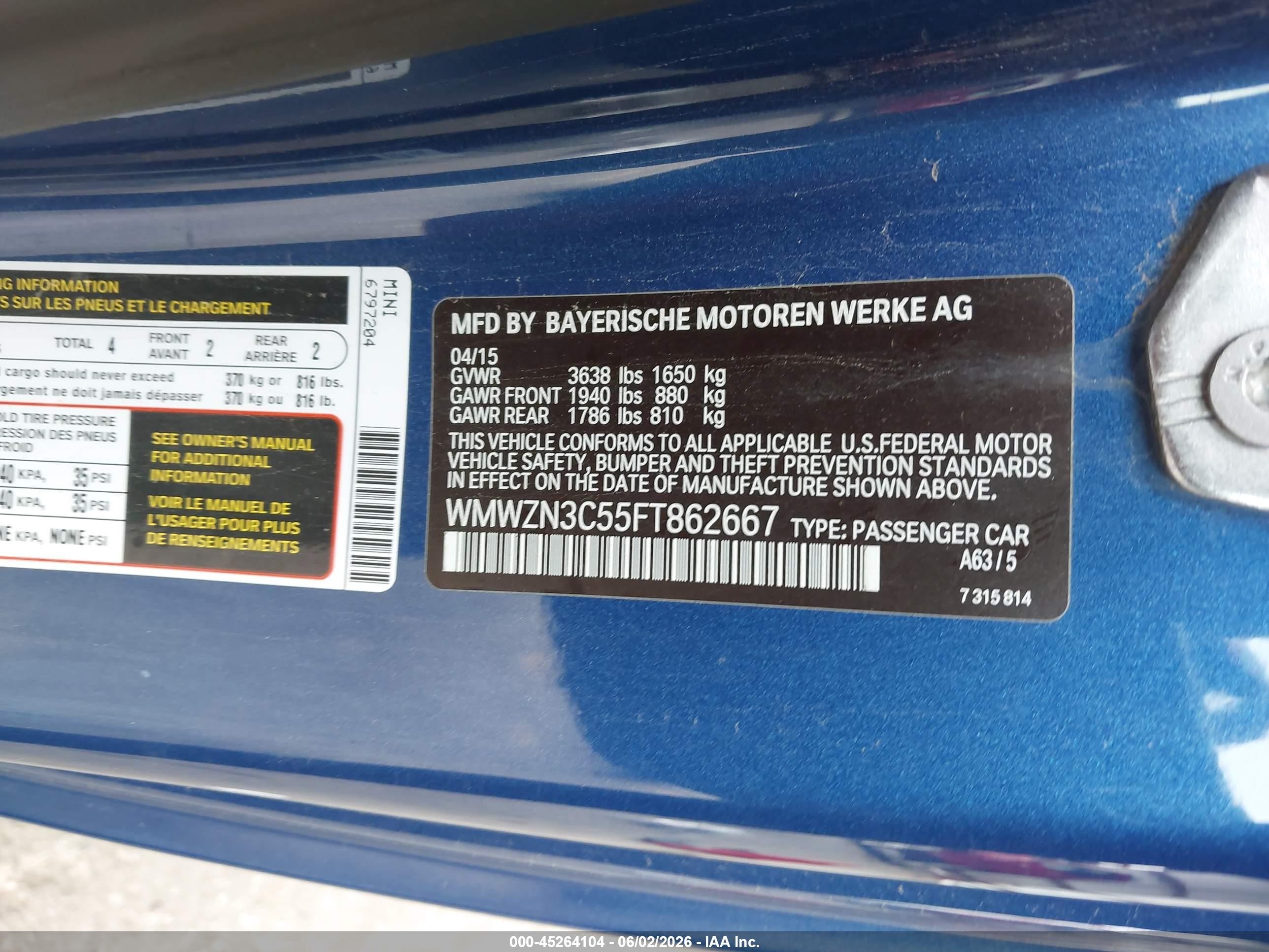 2015 Mini Convertible Cooper Blue vin: WMWZN3C55FT862667