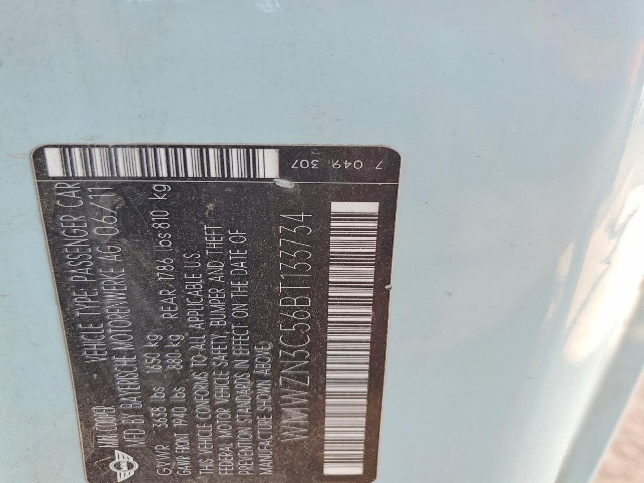 2011 Mini Cooper Blue vin: WMWZN3C56BT133734