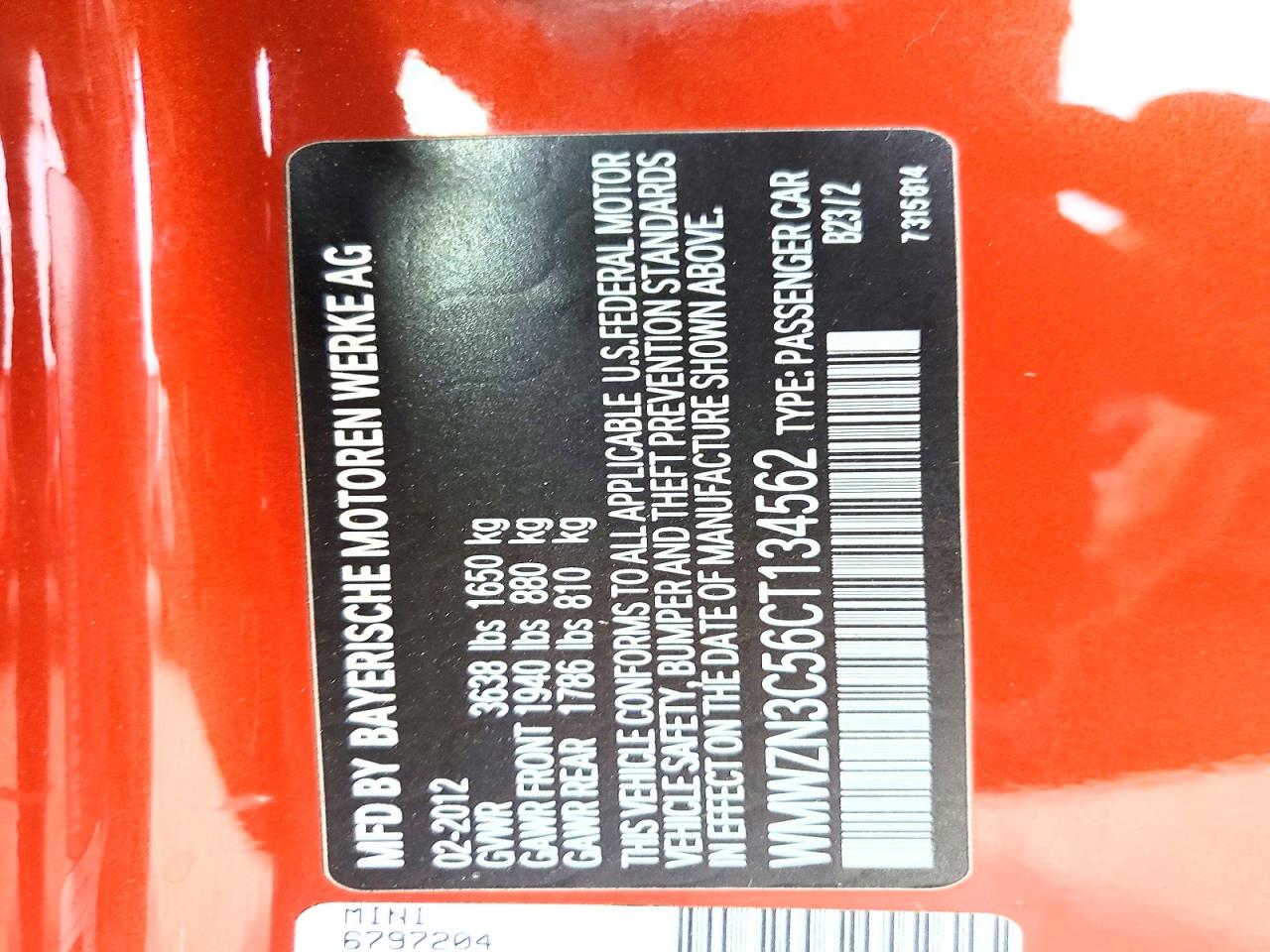 2012 Mini Cooper Orange vin: WMWZN3C56CT134562