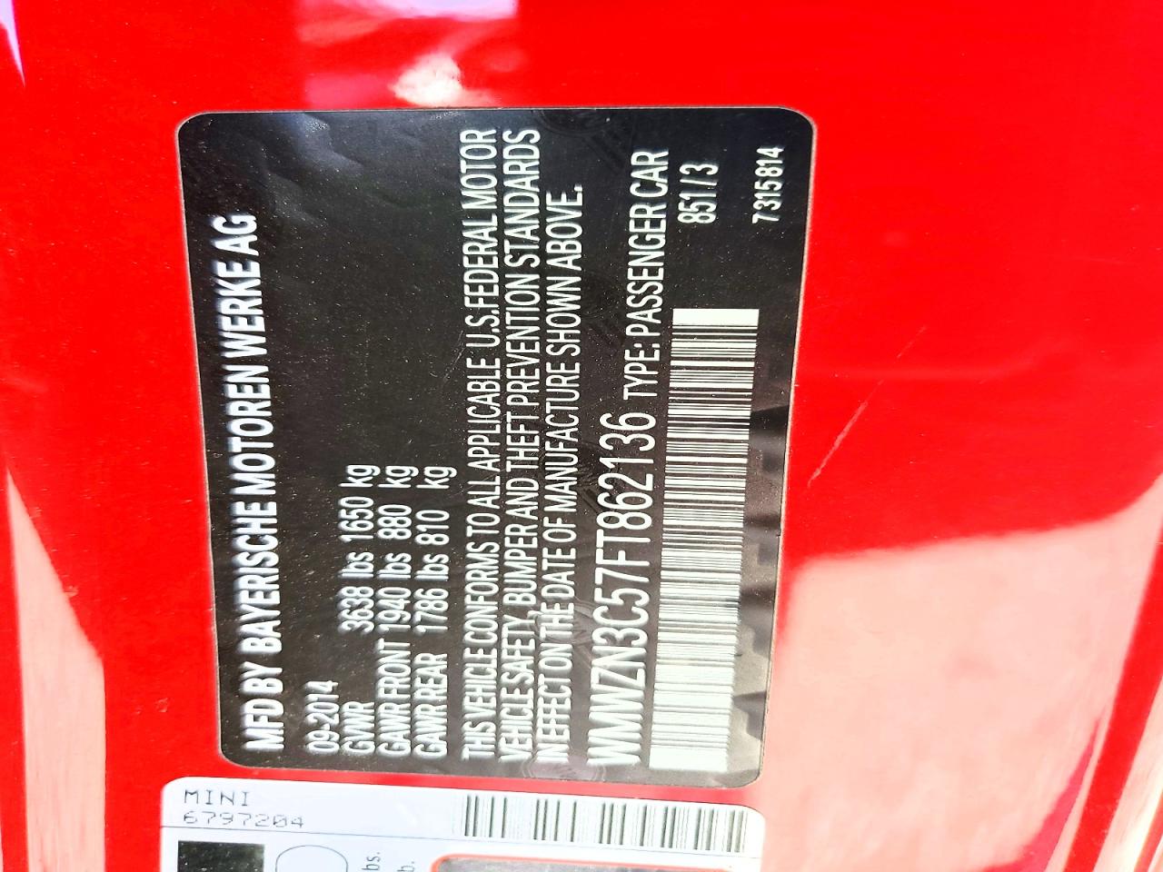 2015 Mini Cooper Red vin: WMWZN3C57FT862136