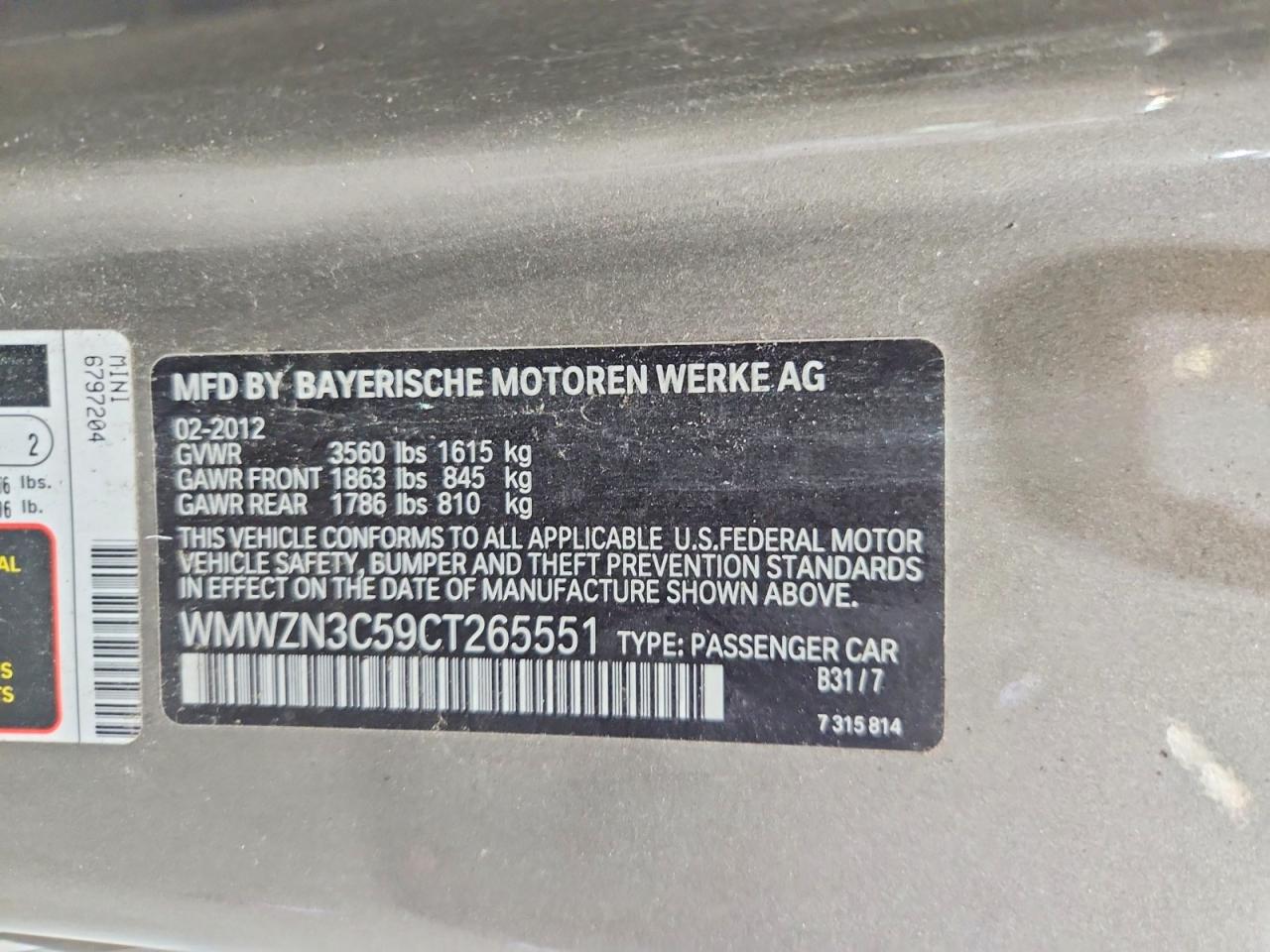 2012 Mini Cooper Brown vin: WMWZN3C59CT265551