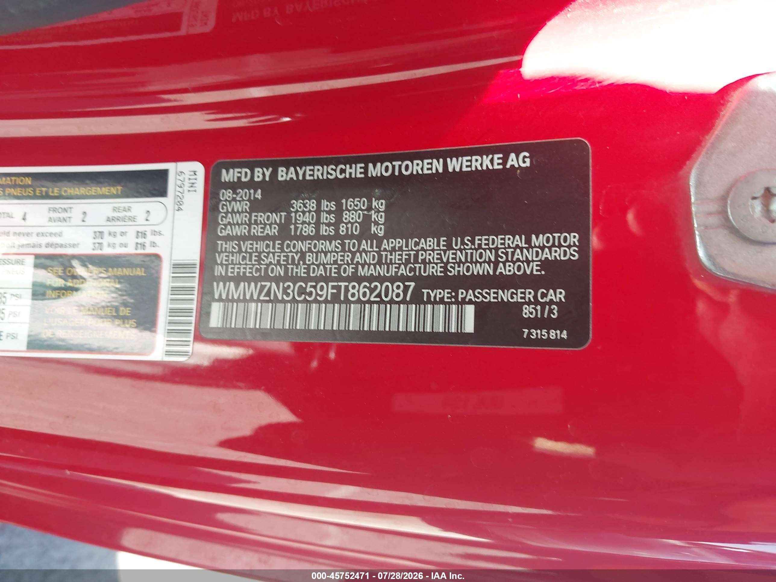 2015 Mini Convertible Cooper Red vin: WMWZN3C59FT862087