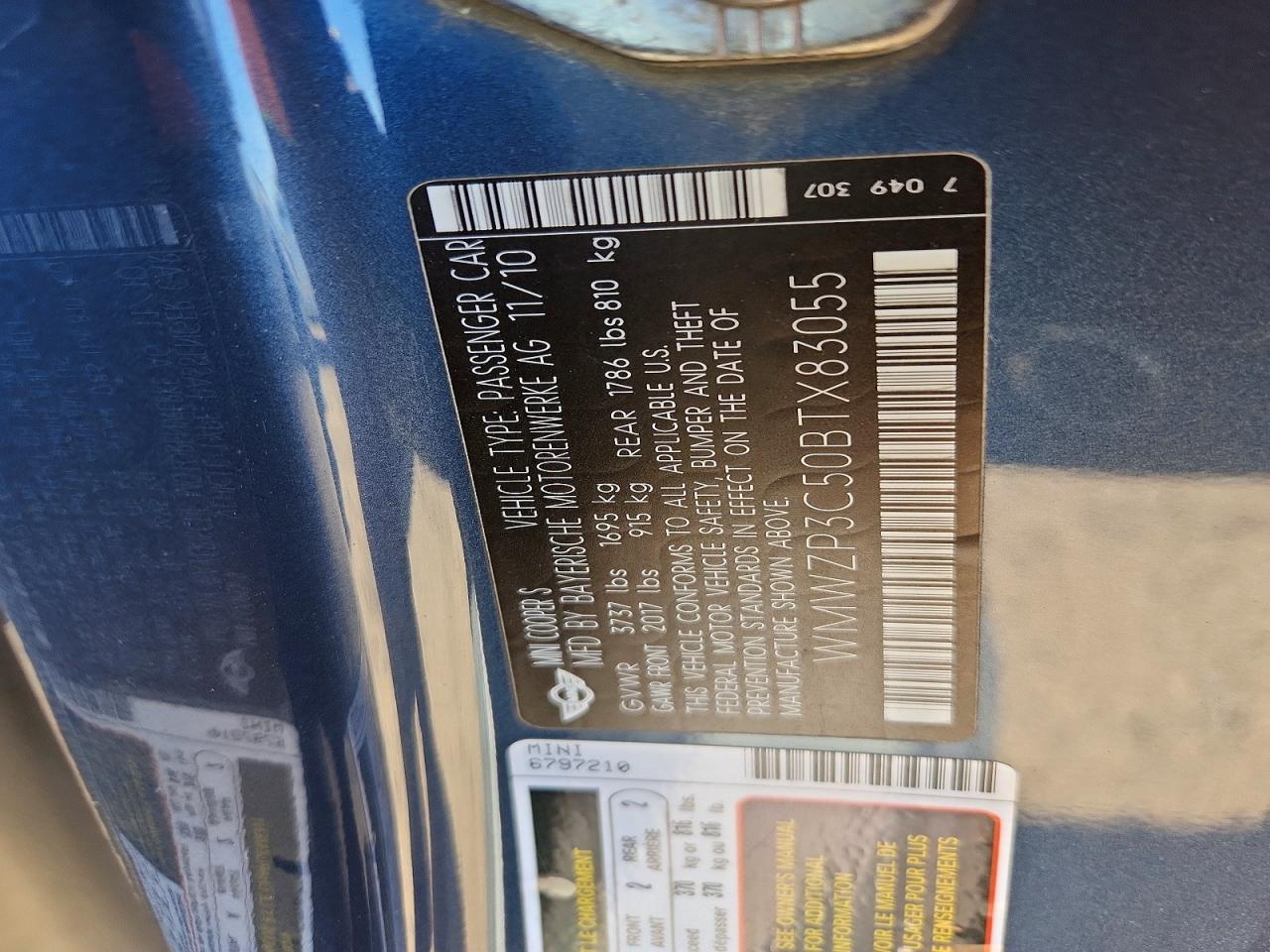 2011 Mini Cooper S Blue vin: WMWZP3C50BTX83055