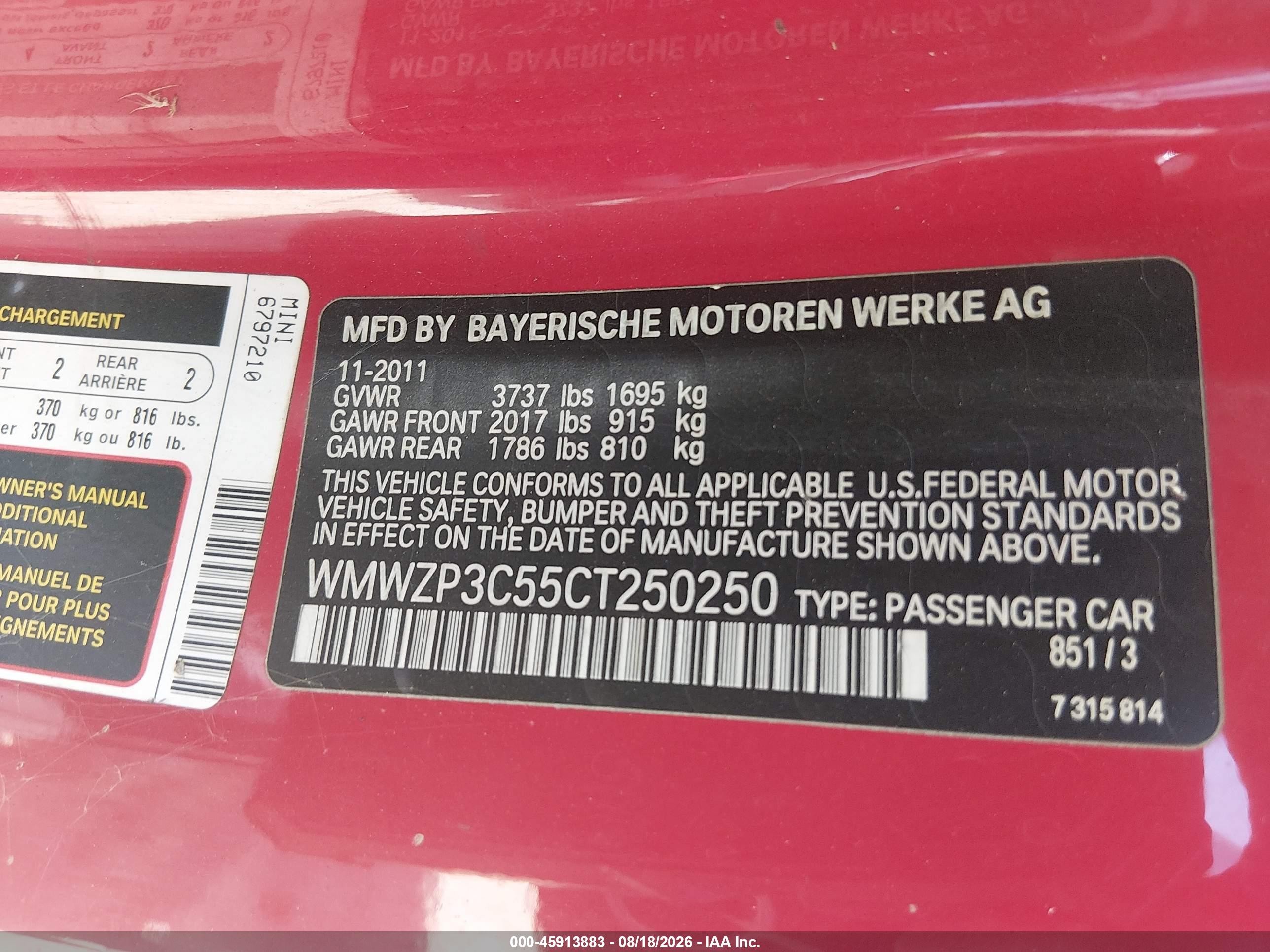 2012 Mini Cooper S   Red vin: WMWZP3C55CT250250