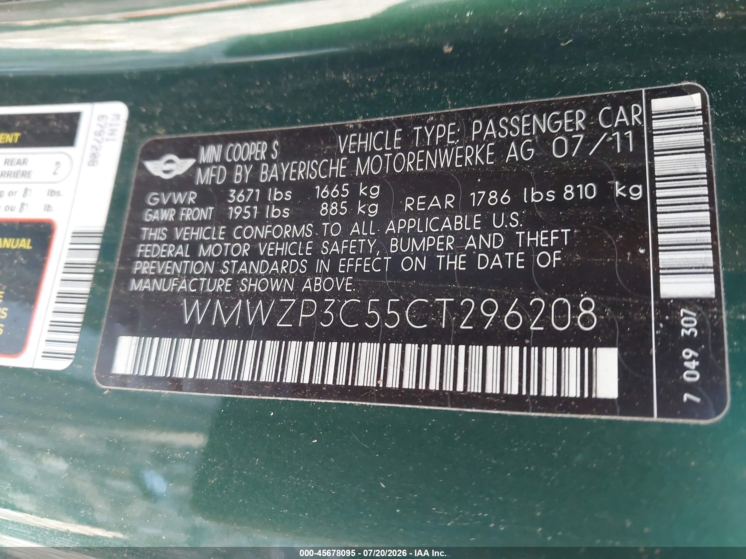 2012 Mini Cooper S   Green vin: WMWZP3C55CT296208
