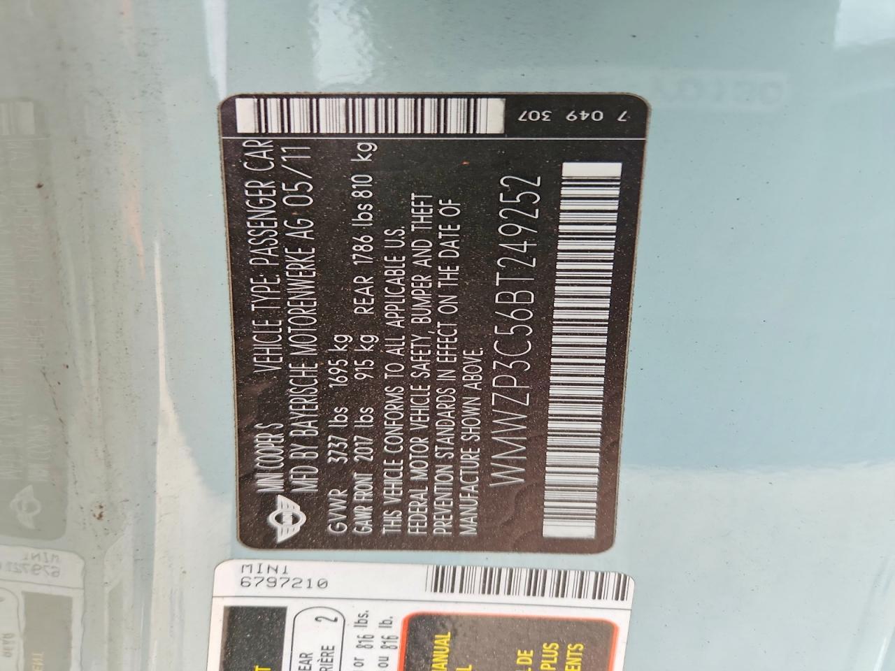 2011 Mini Cooper S Blue vin: WMWZP3C56BT249252
