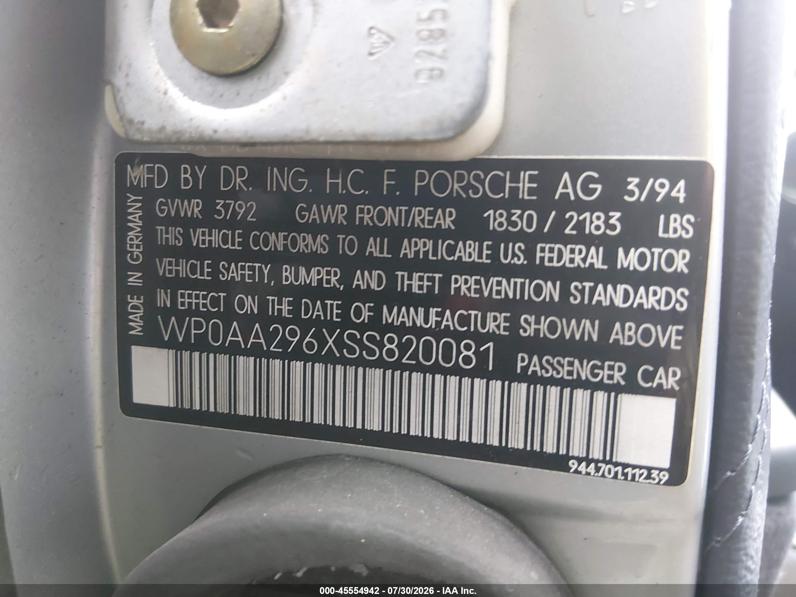 1995 Porsche 968   Silver vin: WP0AA296XSS820081