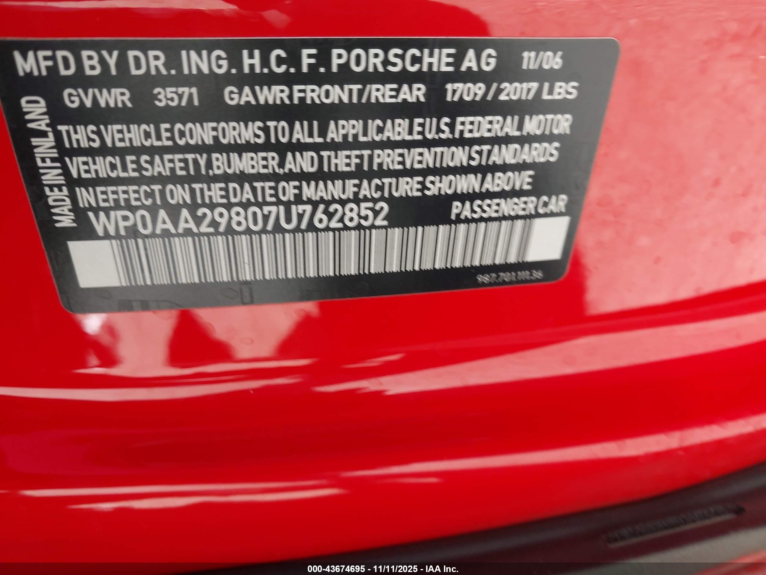 2007 Porsche Cayman   Red vin: WP0AA29807U762852