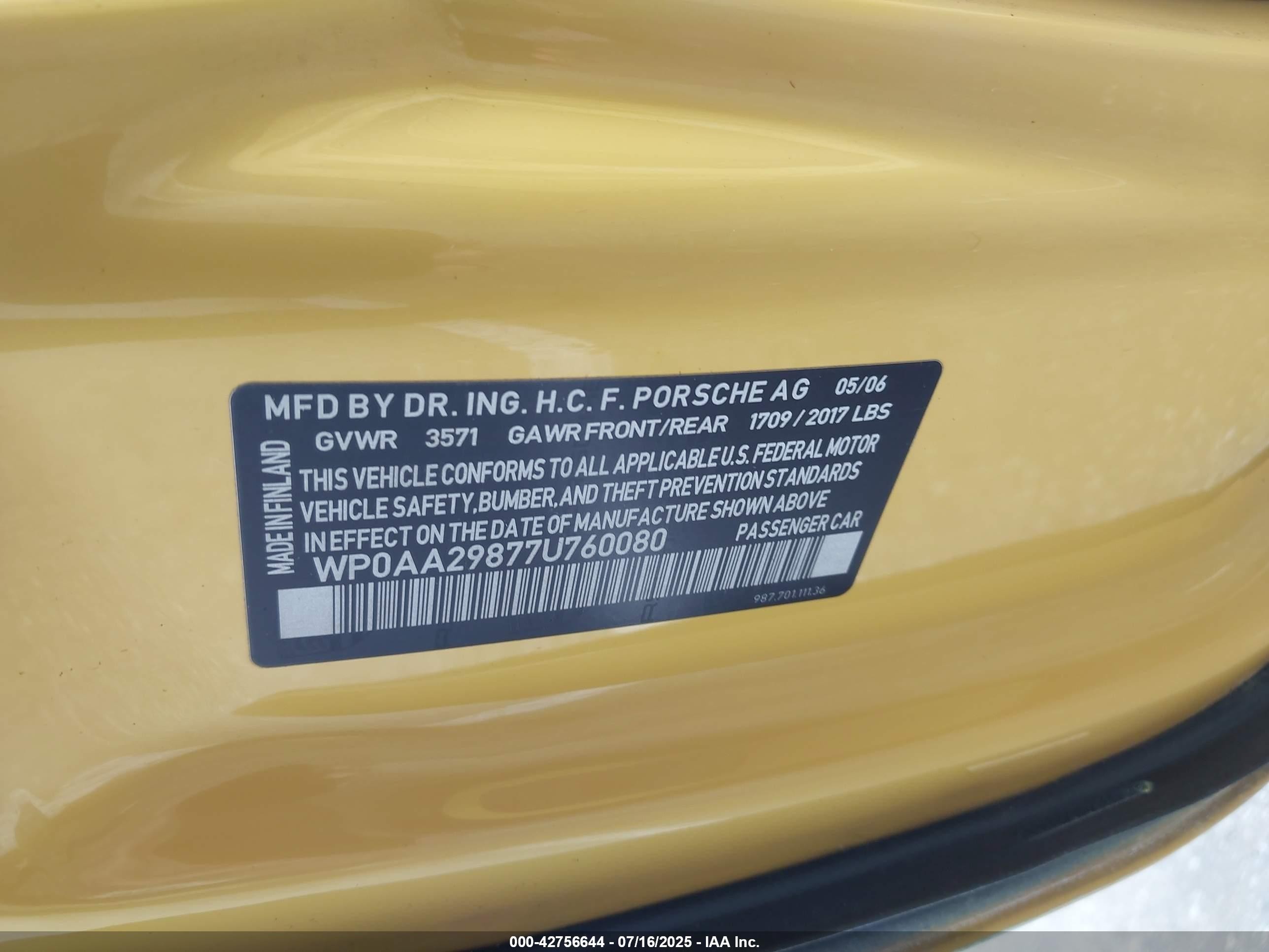 2007 Porsche Cayman   Yellow vin: WP0AA29877U760080