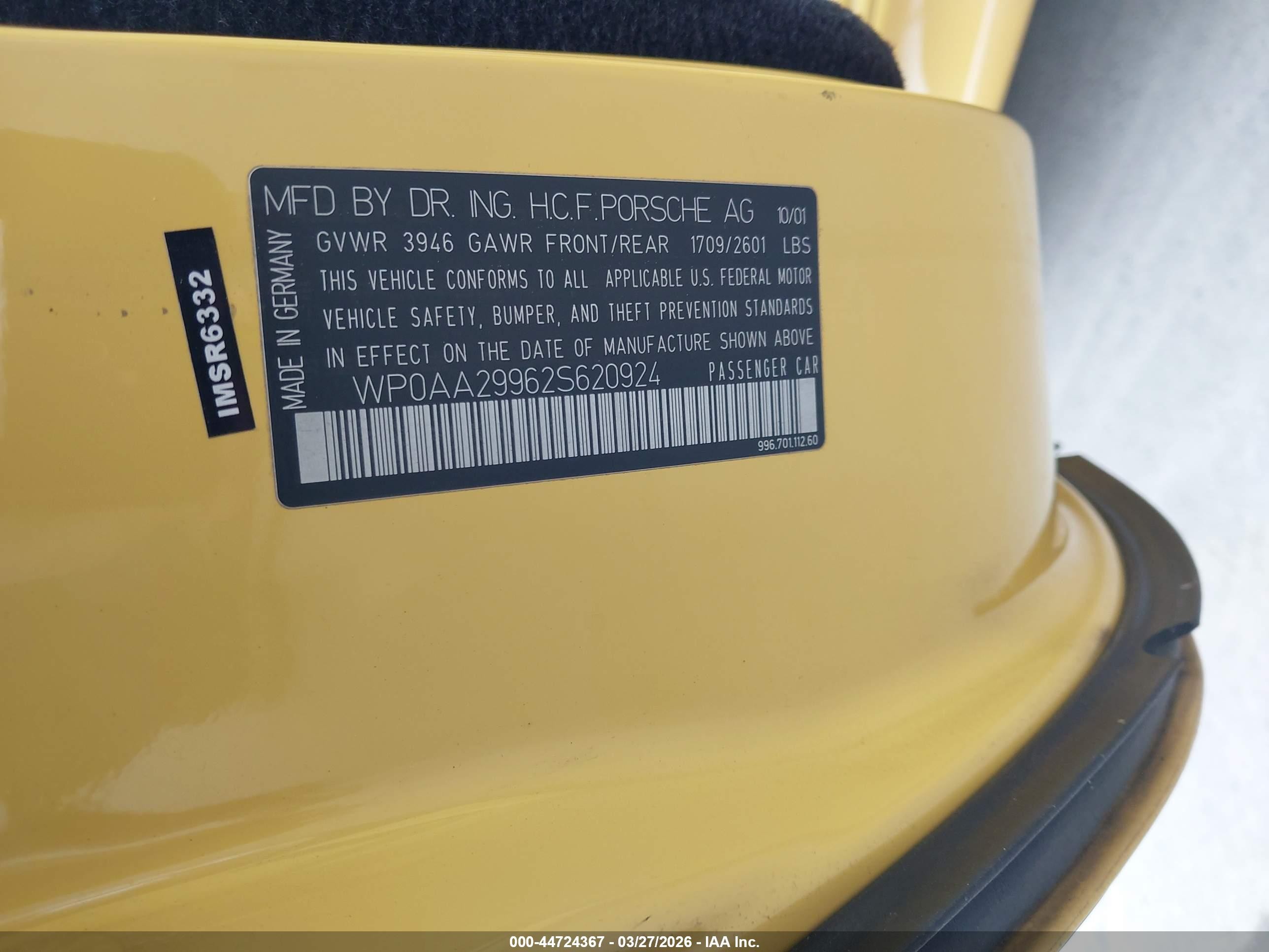 2002 Porsche 911 Carrera 4s/turbo Yellow vin: WP0AA29962S620924