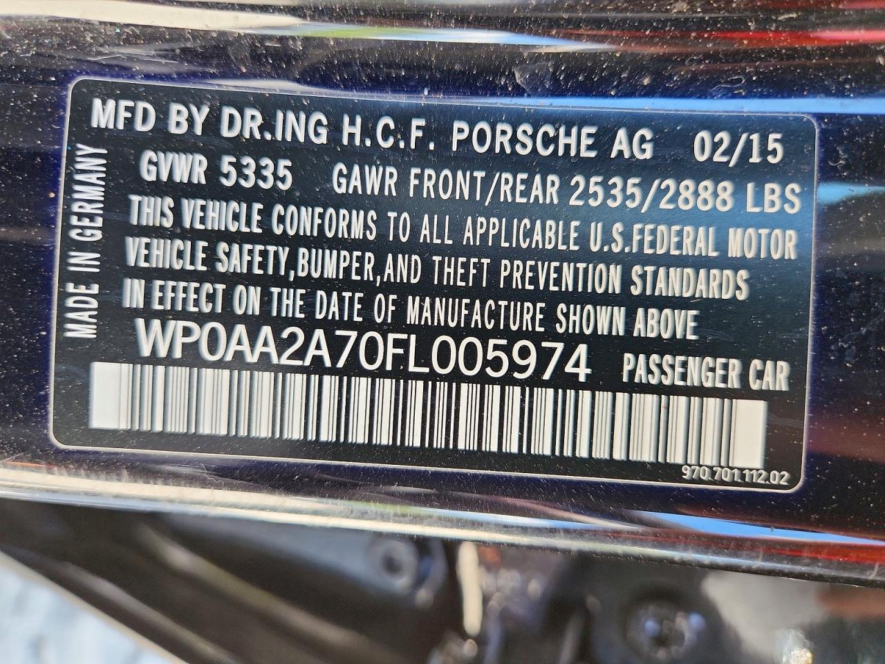 2015 Porsche Panamera 2 Black vin: WP0AA2A70FL005974