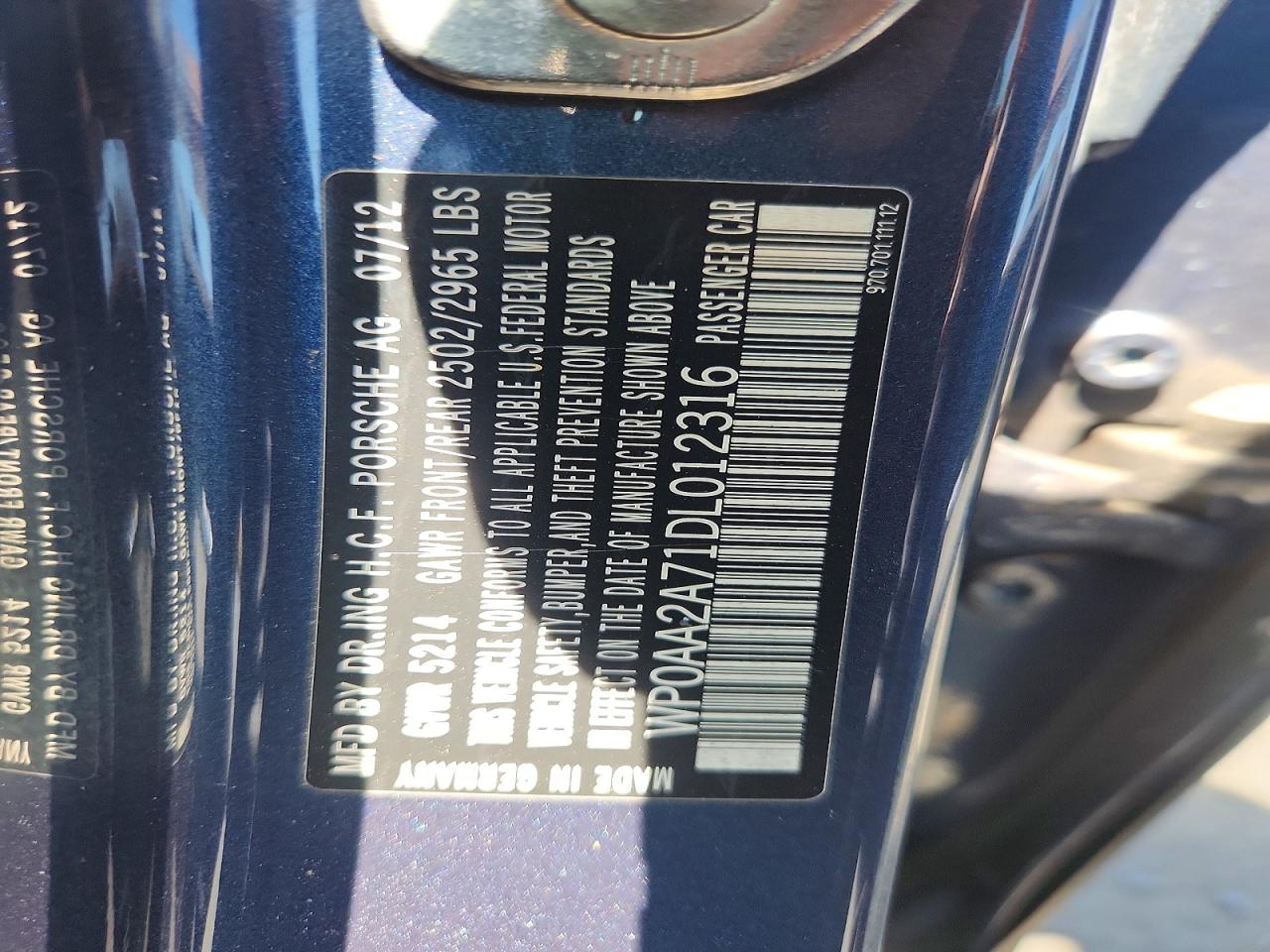 2013 Porsche Panamera 2 Blue vin: WP0AA2A71DL012316