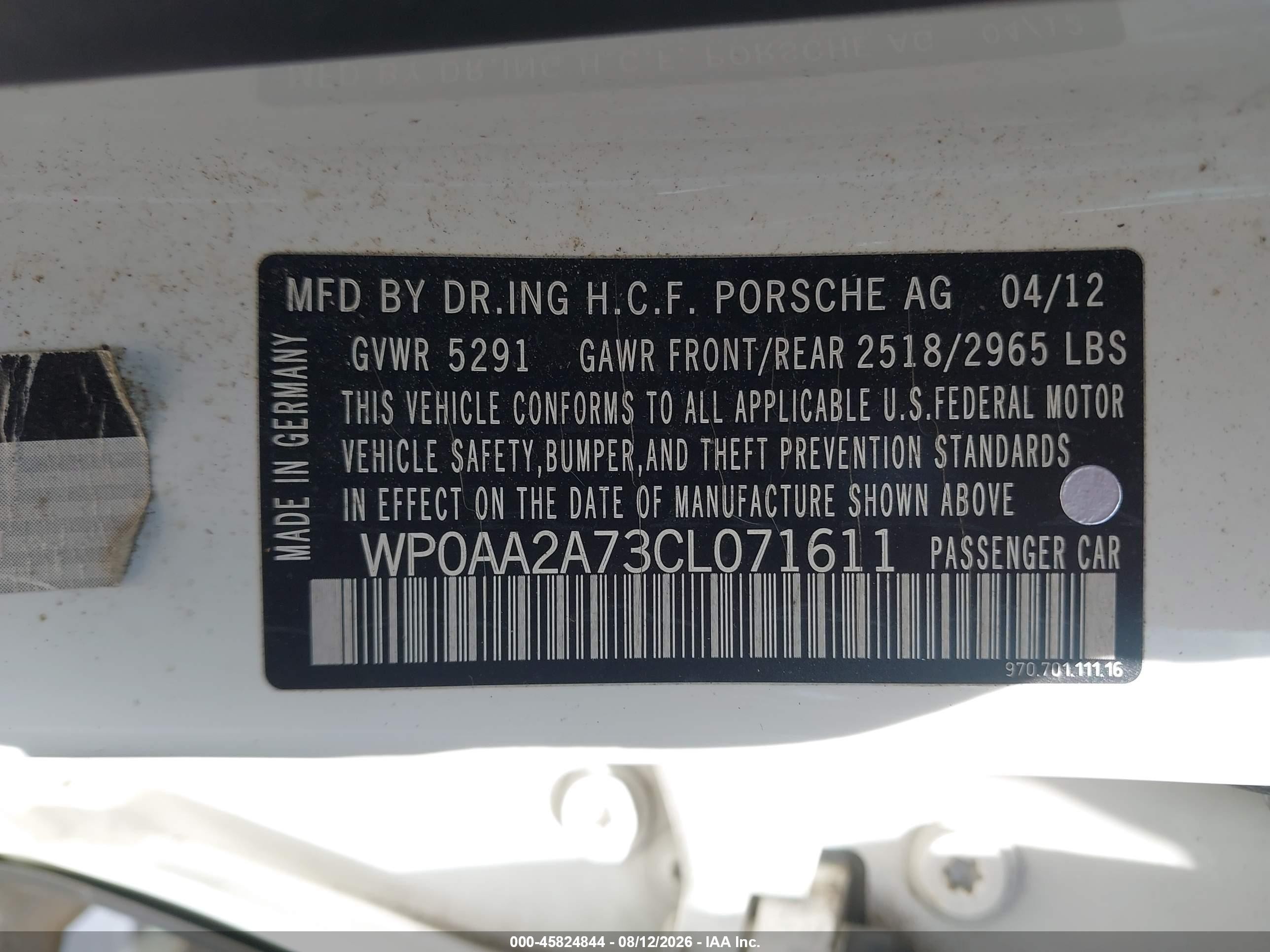 2012 Porsche Panamera 4 White vin: WP0AA2A73CL071611