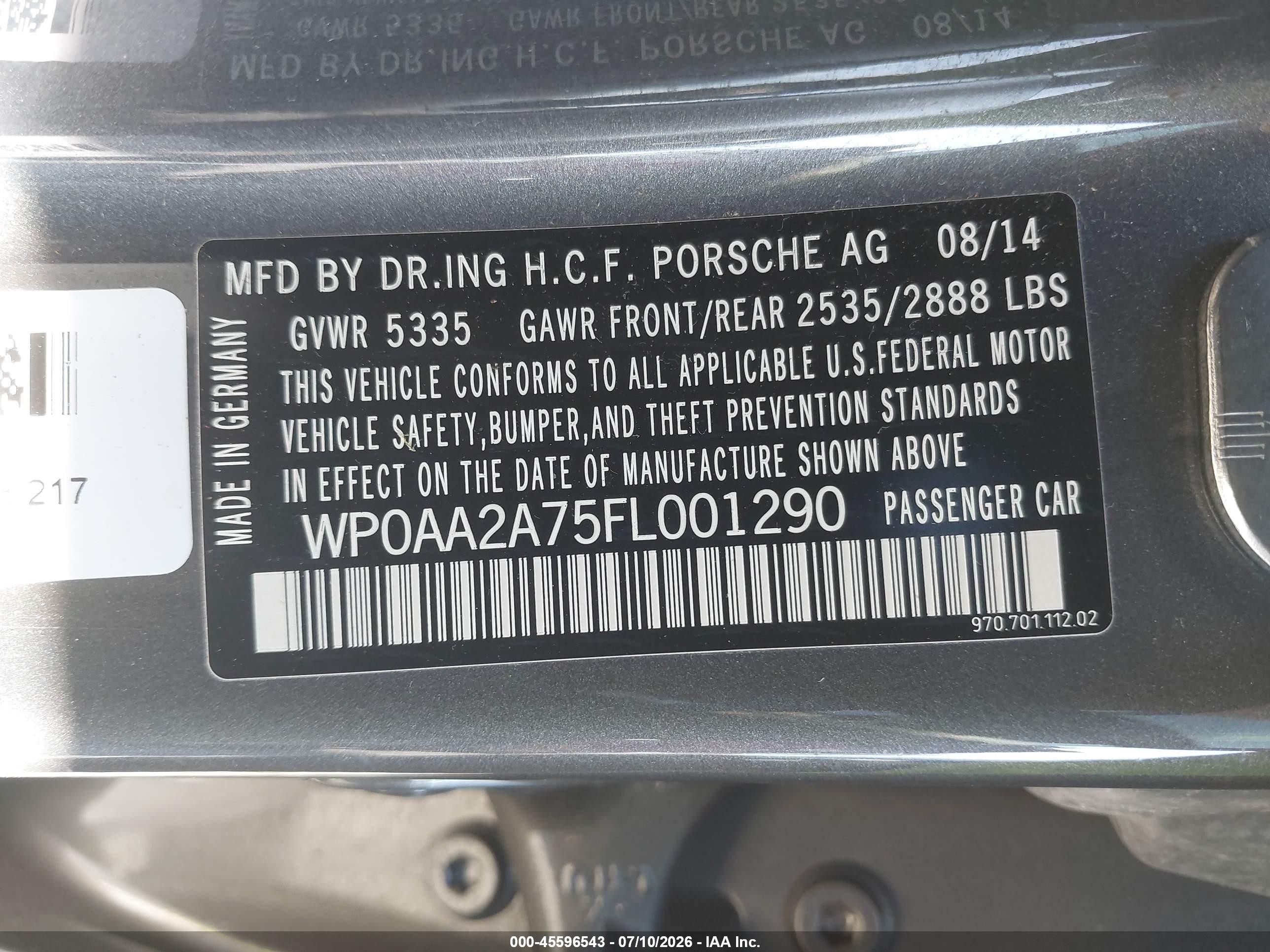 2015 Porsche Panamera 4 Серый vin: WP0AA2A75FL001290