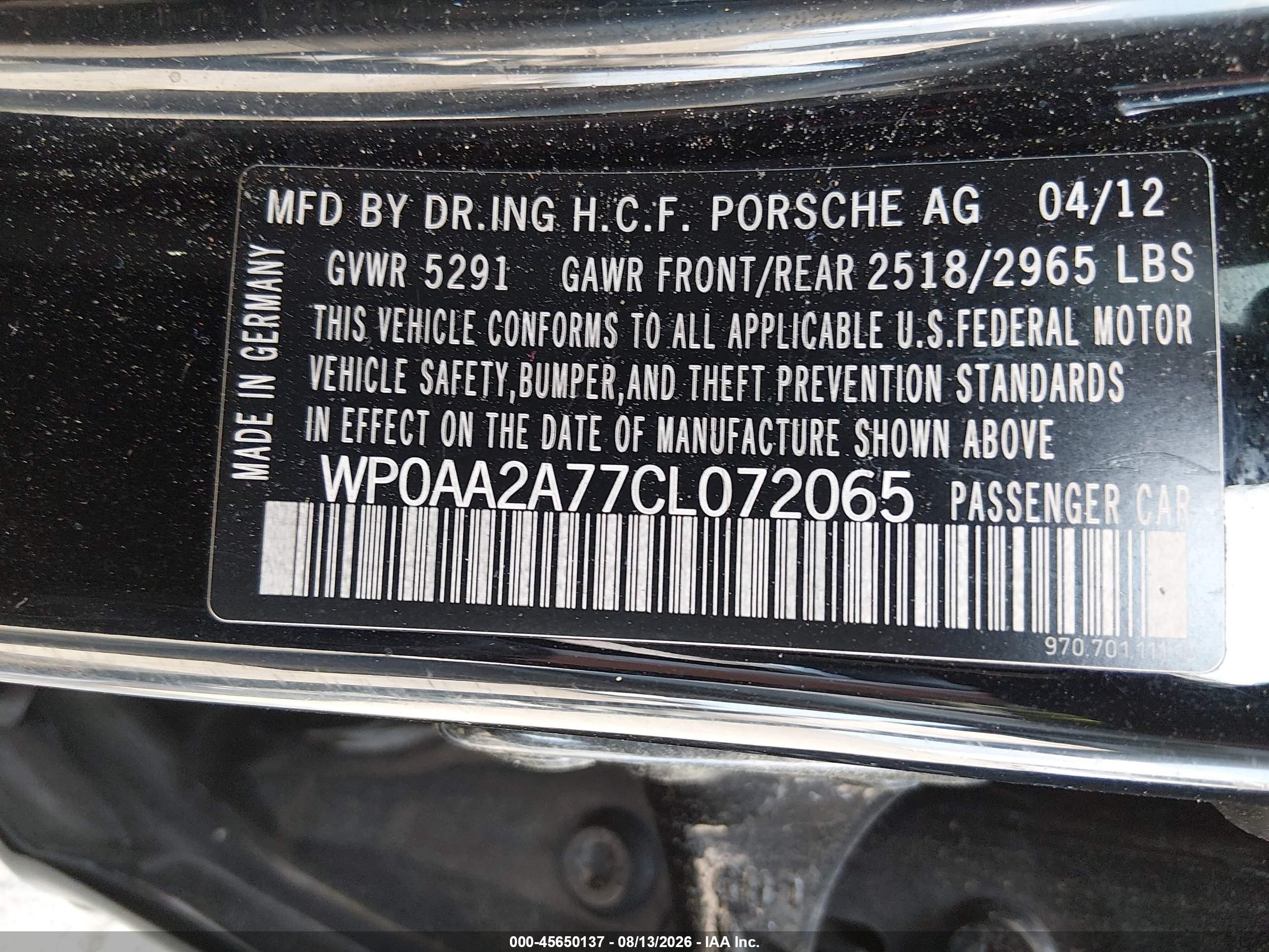 2012 Porsche Panamera 4 Black vin: WP0AA2A77CL072065