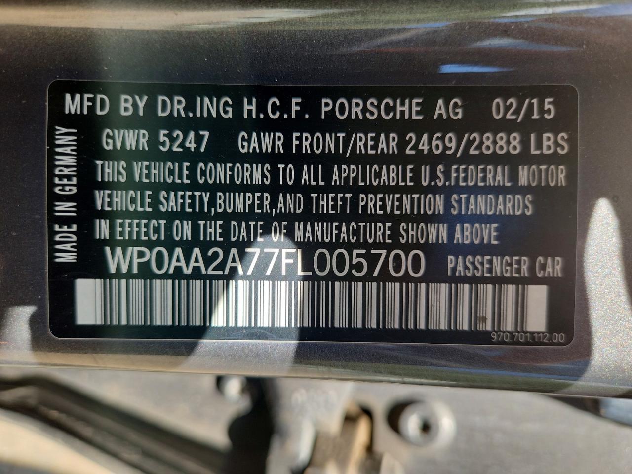 2015 Porsche Panamera 2 Gray vin: WP0AA2A77FL005700