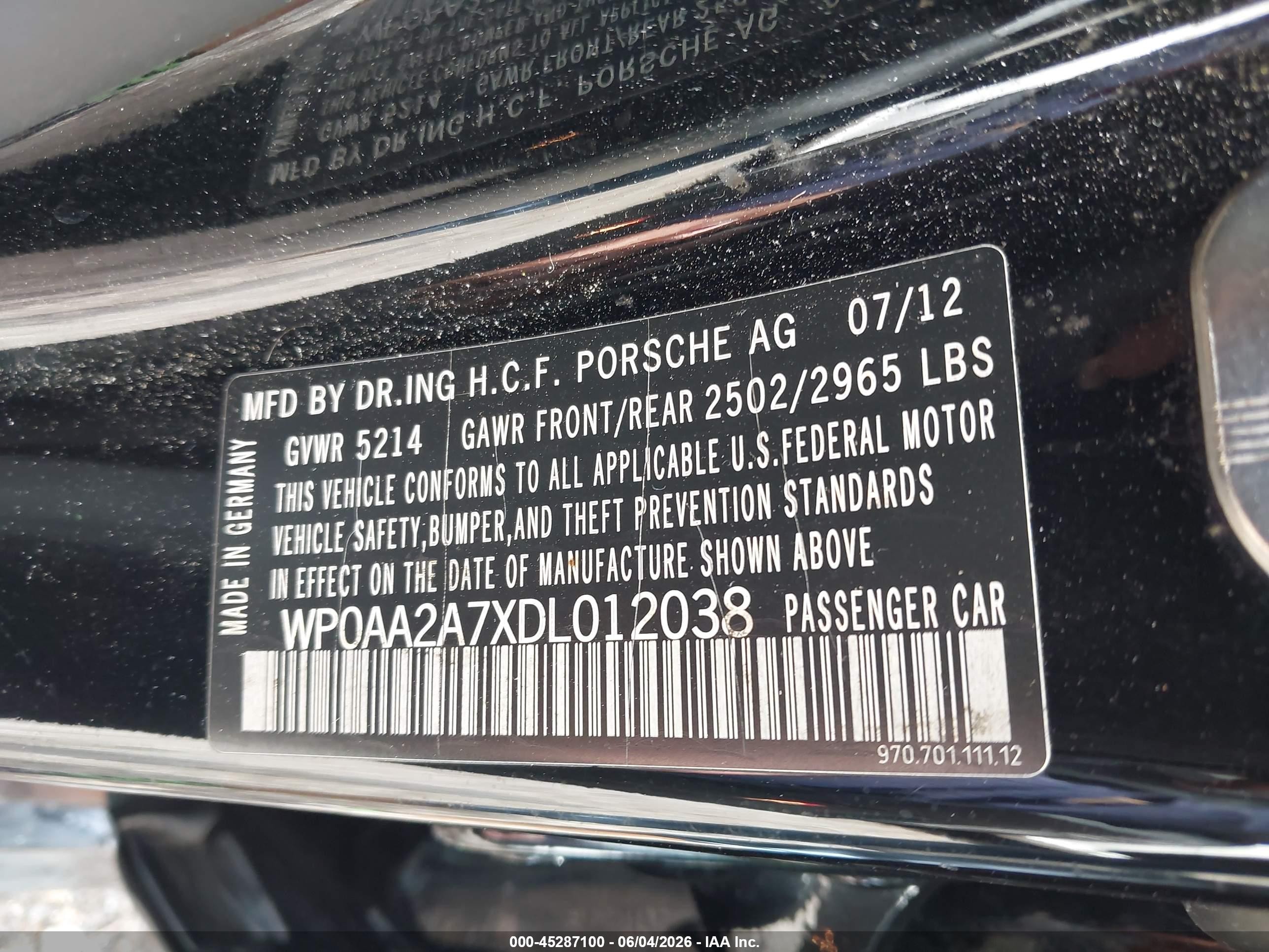 2013 Porsche Panamera   Черный vin: WP0AA2A7XDL012038