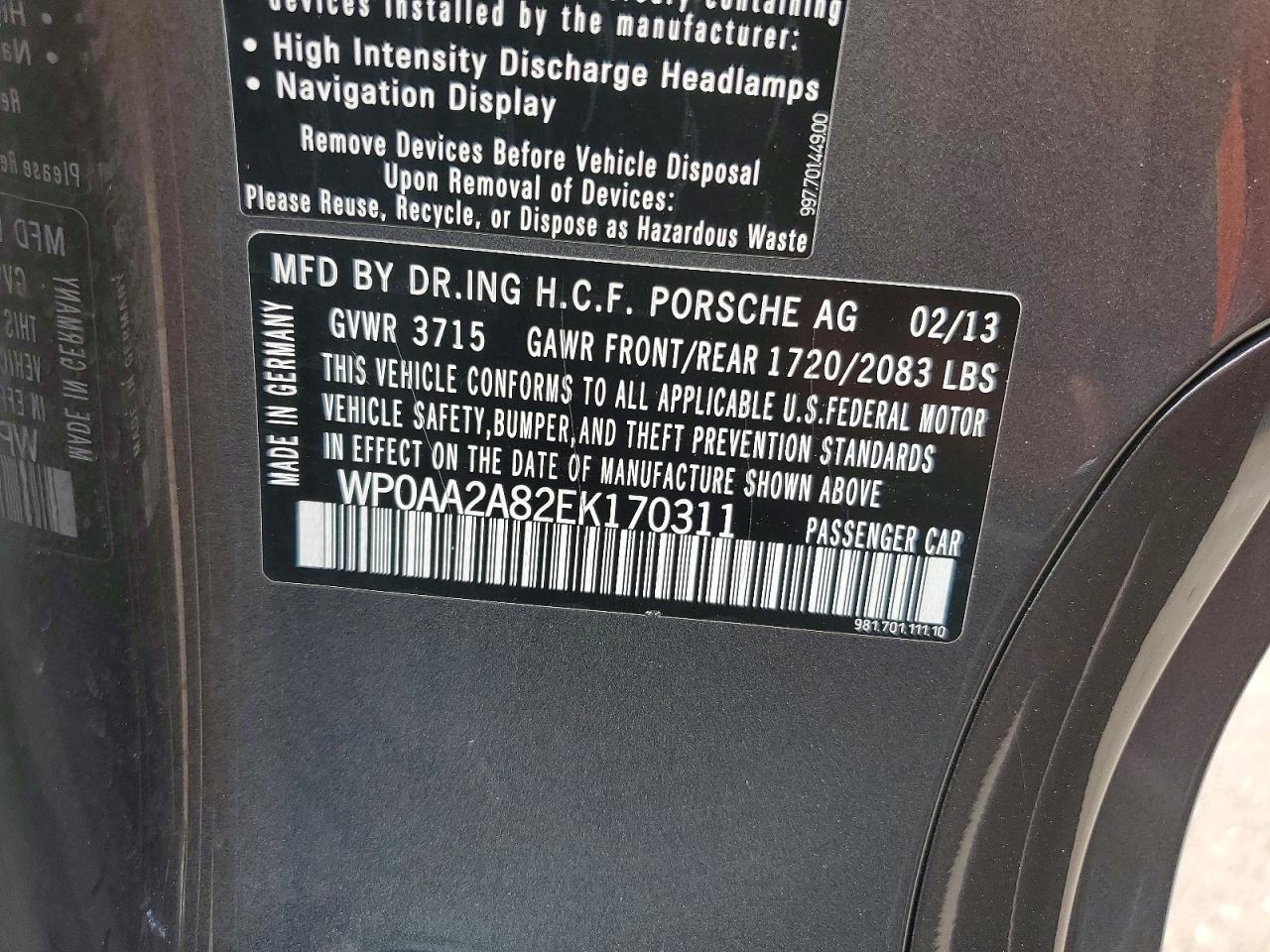 2014 Porsche Cayman Charcoal vin: WP0AA2A82EK170311