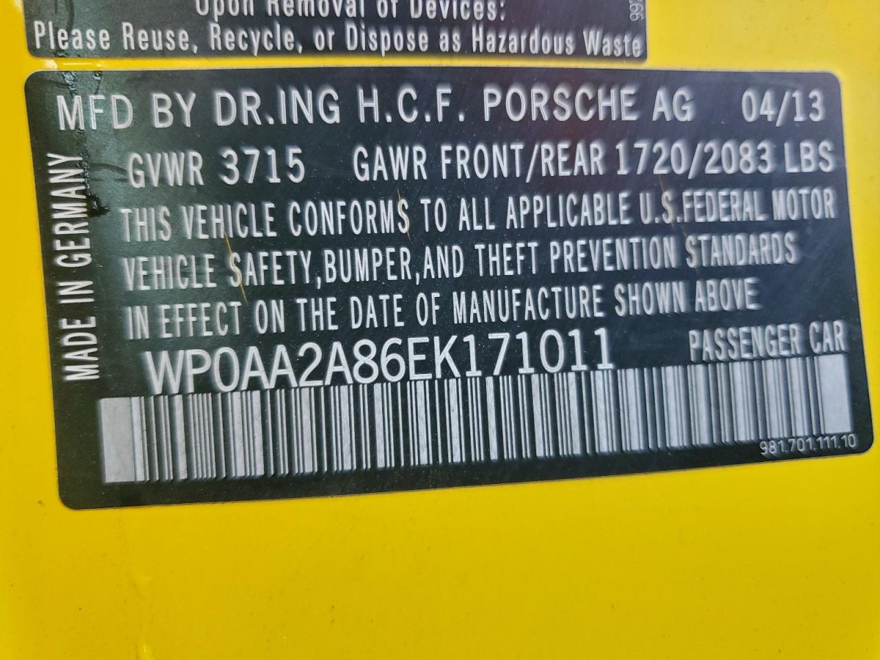 2014 Porsche Cayman Yellow vin: WP0AA2A86EK171011