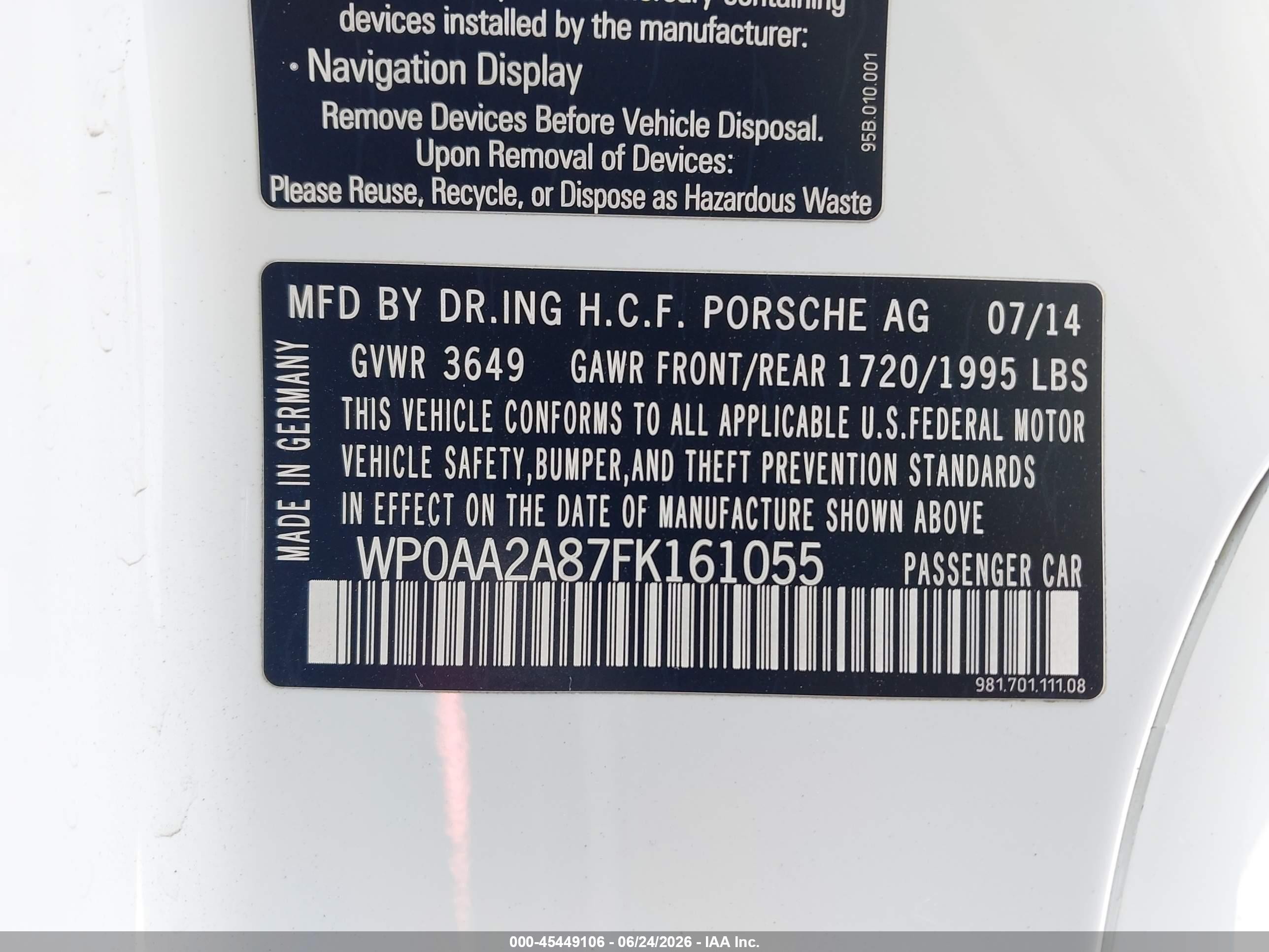 2015 Porsche Cayman   White vin: WP0AA2A87FK161055