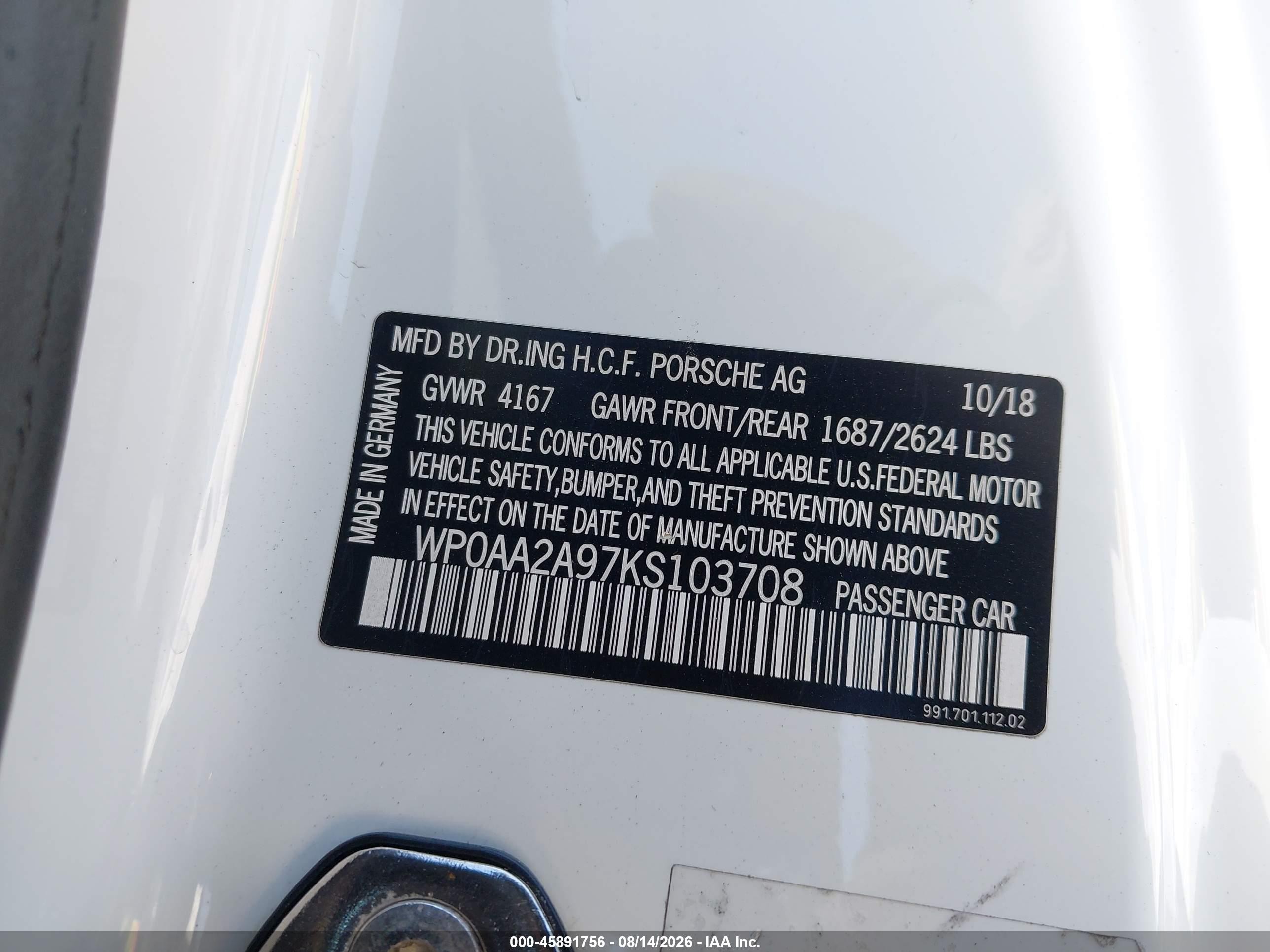 2019 Porsche 911 Carrera/carrera 4/carrera T White vin: WP0AA2A97KS103708