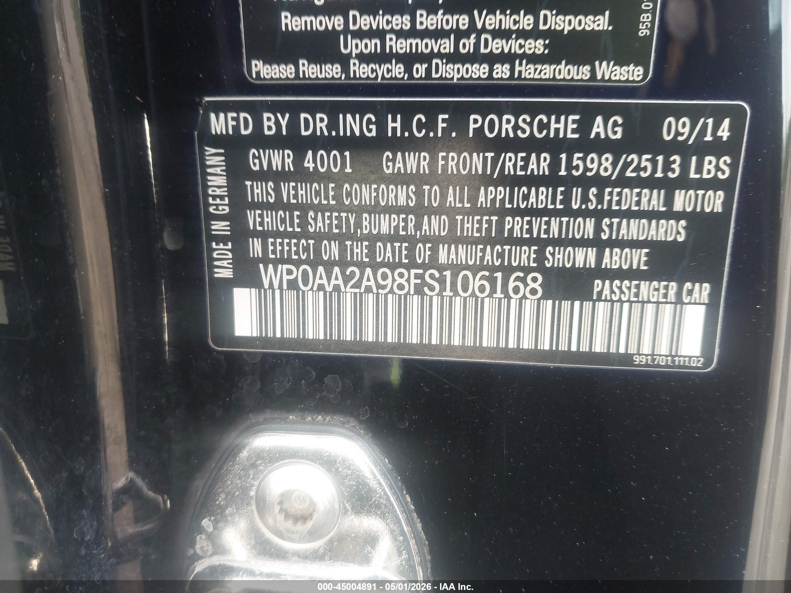 2015 Porsche 911 Carrera Black vin: WP0AA2A98FS106168