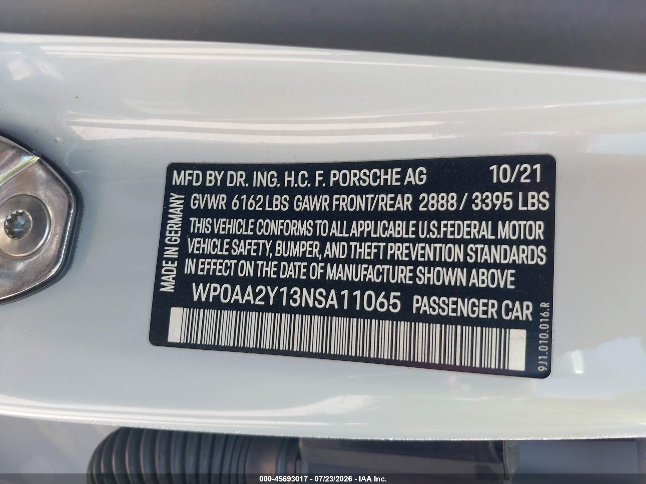 2022 Porsche Taycan   Gray vin: WP0AA2Y13NSA11065