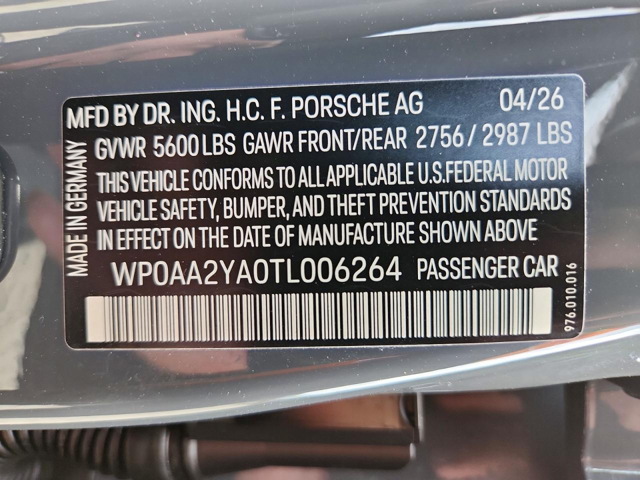2026 Porsche Panamera Base Gray vin: WP0AA2YA0TL006264