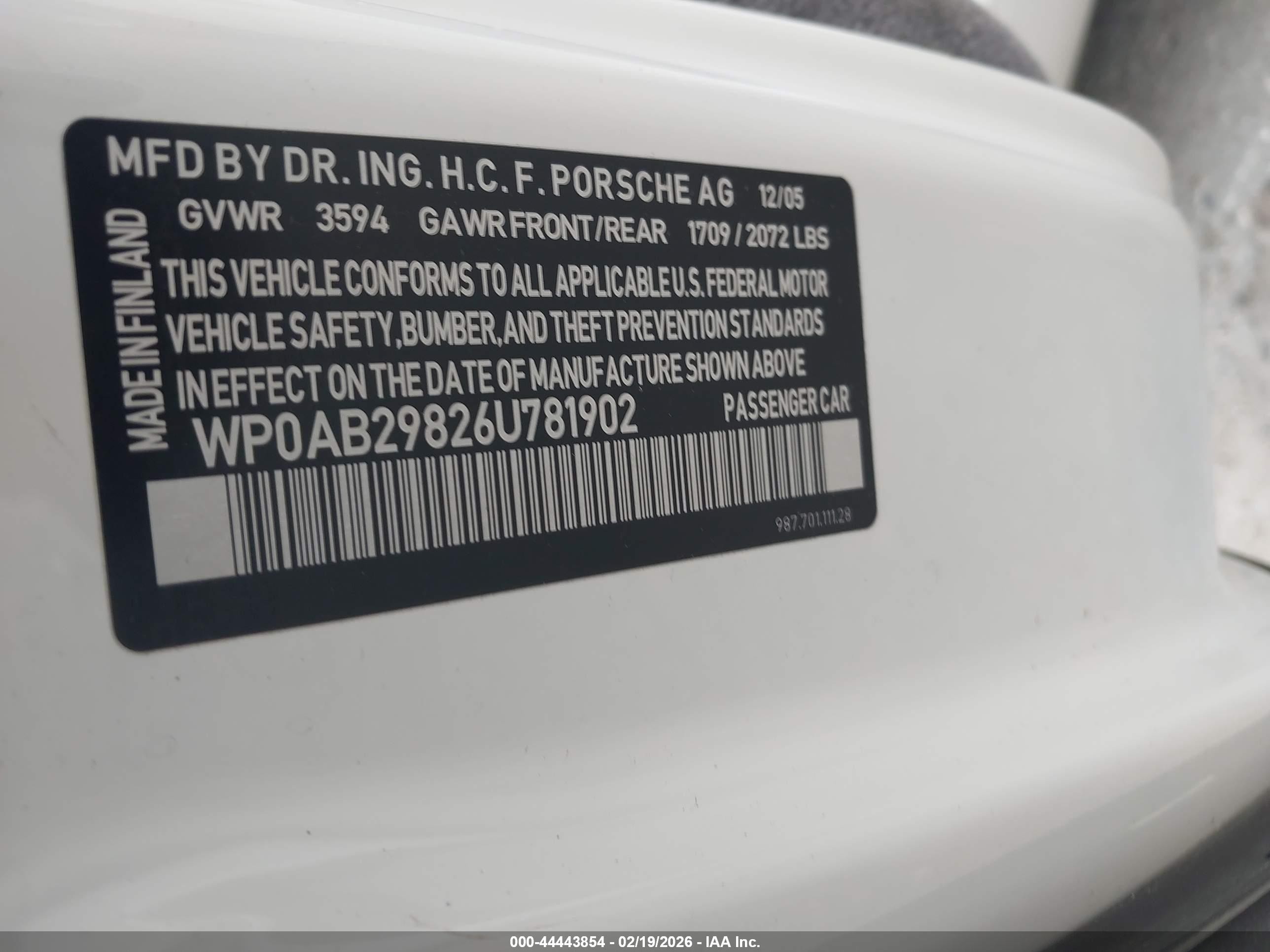 2006 Porsche Cayman S   White vin: WP0AB29826U781902