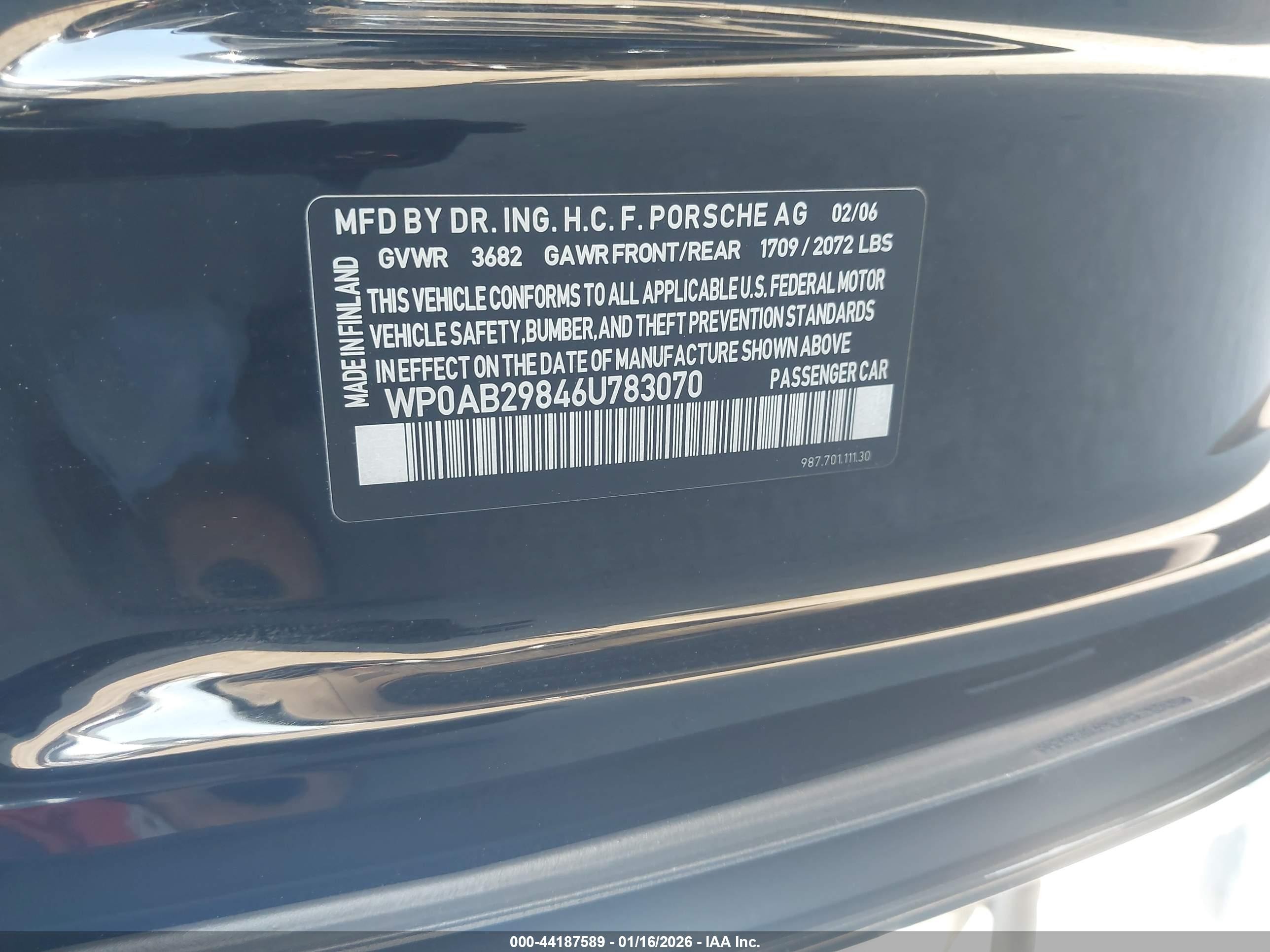2006 Porsche Cayman S   Black vin: WP0AB29846U783070