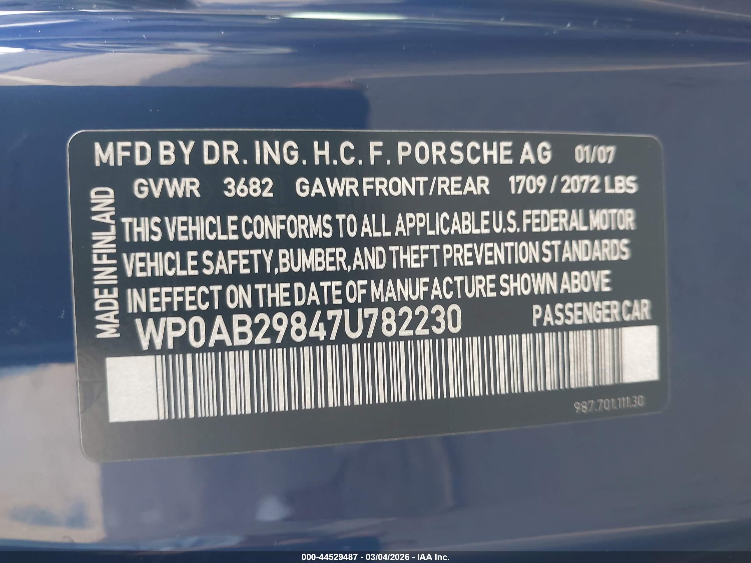 2007 Porsche Cayman S   Blue vin: WP0AB29847U782230