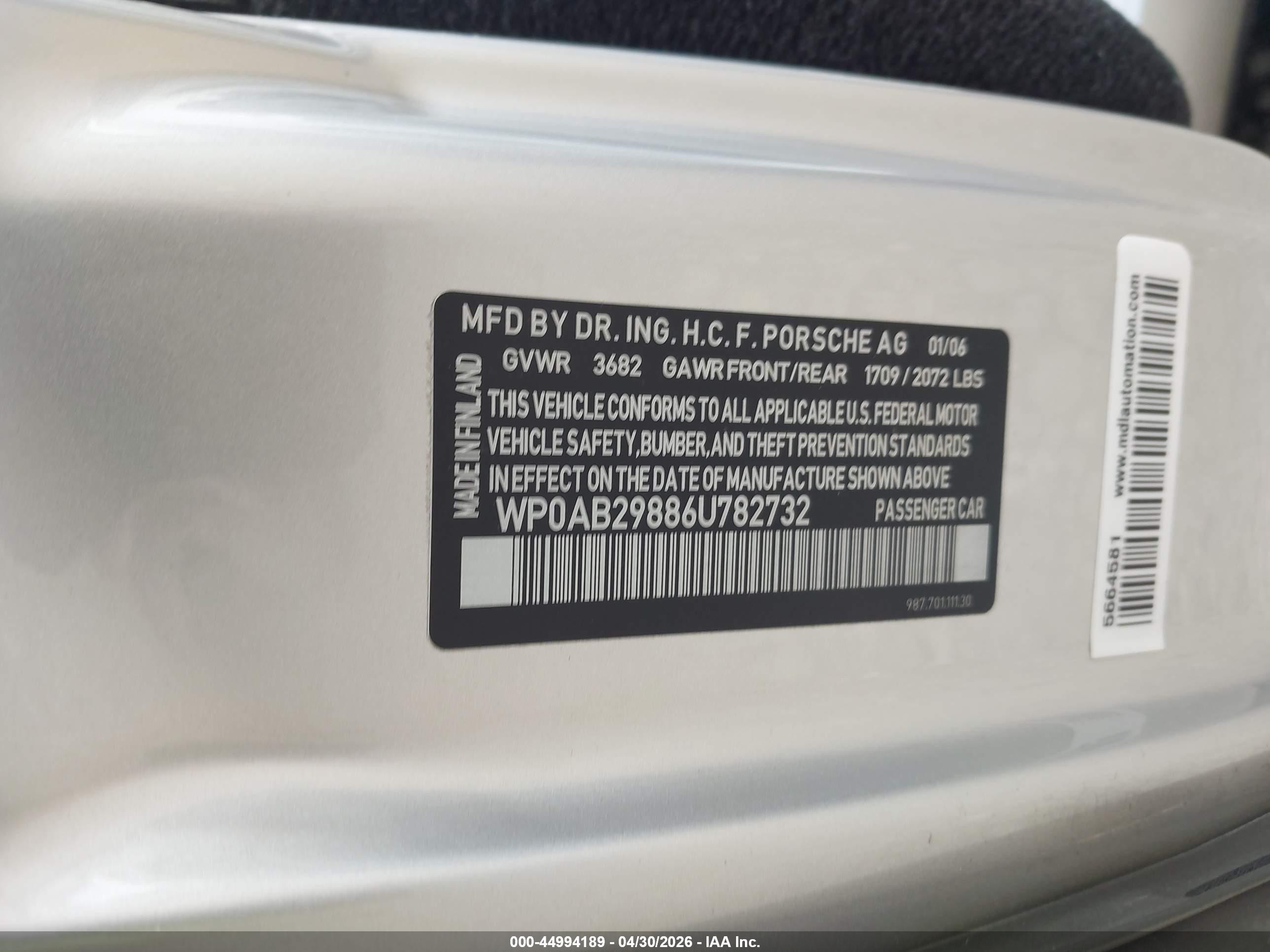 2006 Porsche Cayman S   Silver vin: WP0AB29886U782732