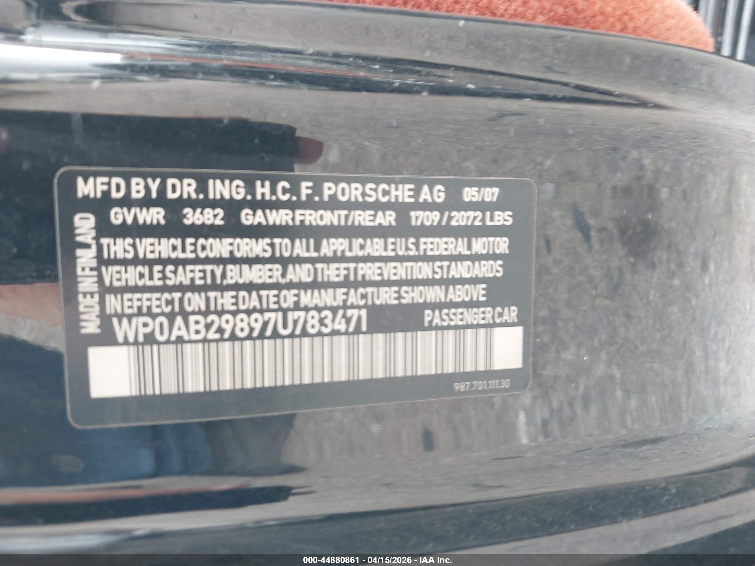 2007 Porsche Cayman S   Black vin: WP0AB29897U783471