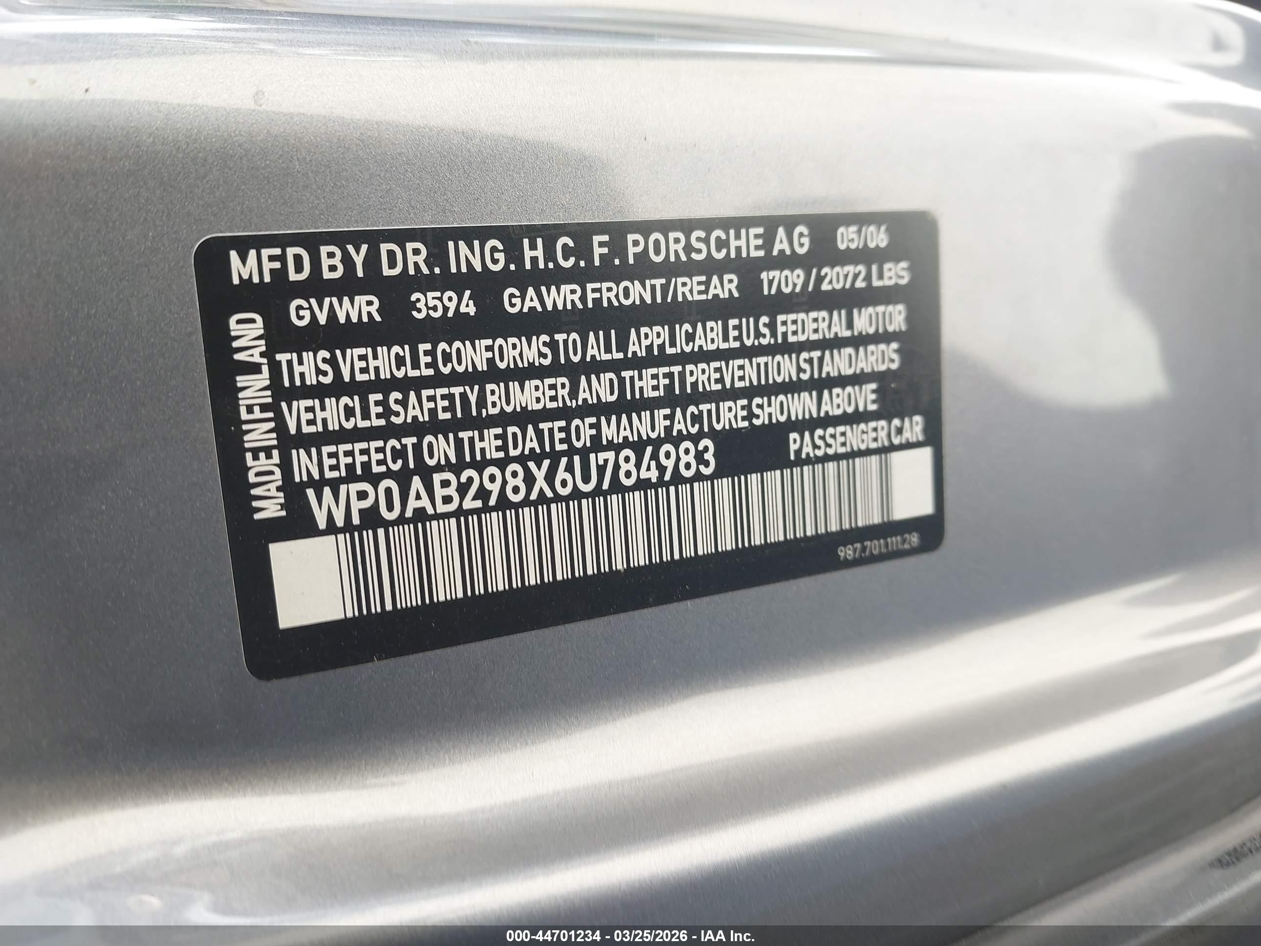 2006 Porsche Cayman S   Gray vin: WP0AB298X6U784983