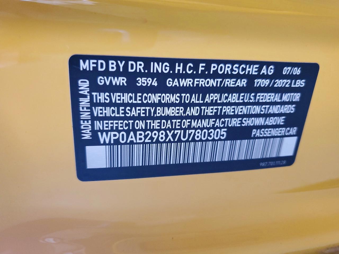 2007 Porsche Cayman S Yellow vin: WP0AB298X7U780305