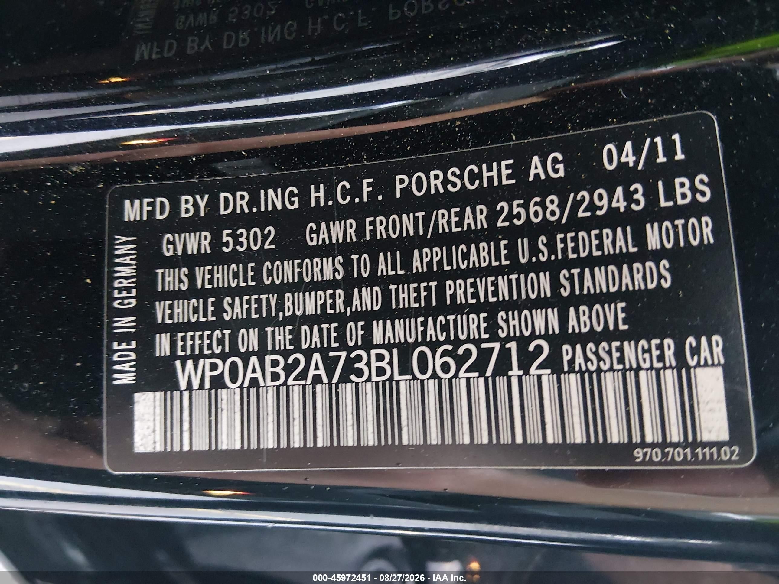 2011 Porsche Panamera S Black vin: WP0AB2A73BL062712
