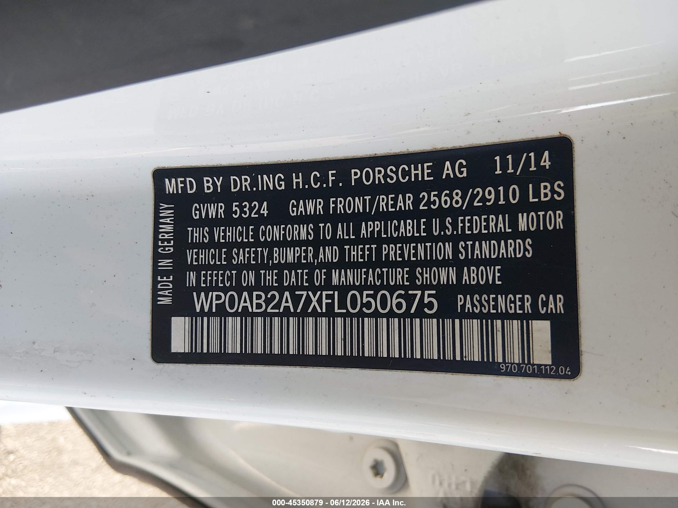 2015 Porsche Panamera S Белый vin: WP0AB2A7XFL050675