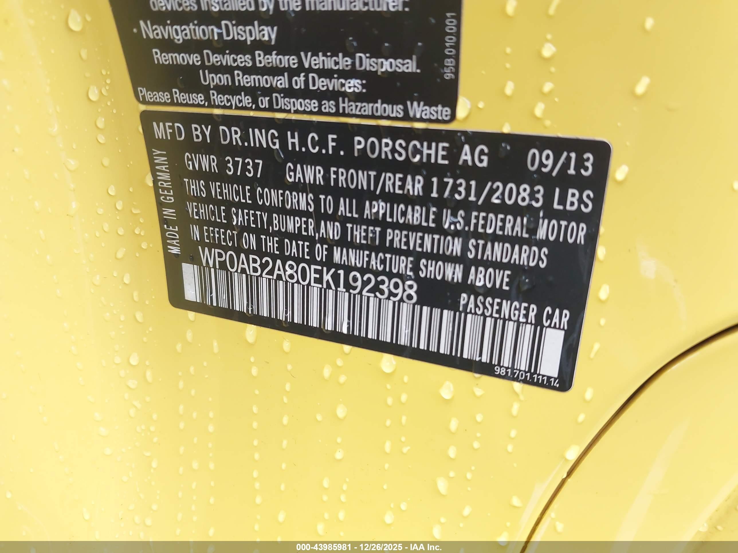 2014 Porsche Cayman S Желтый vin: WP0AB2A80EK192398