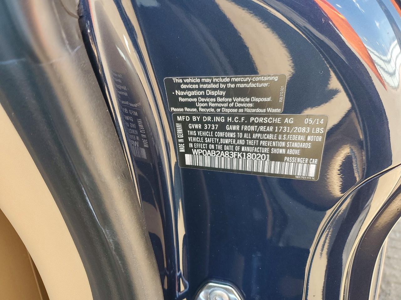 2015 Porsche Cayman S Blue vin: WP0AB2A83FK180201