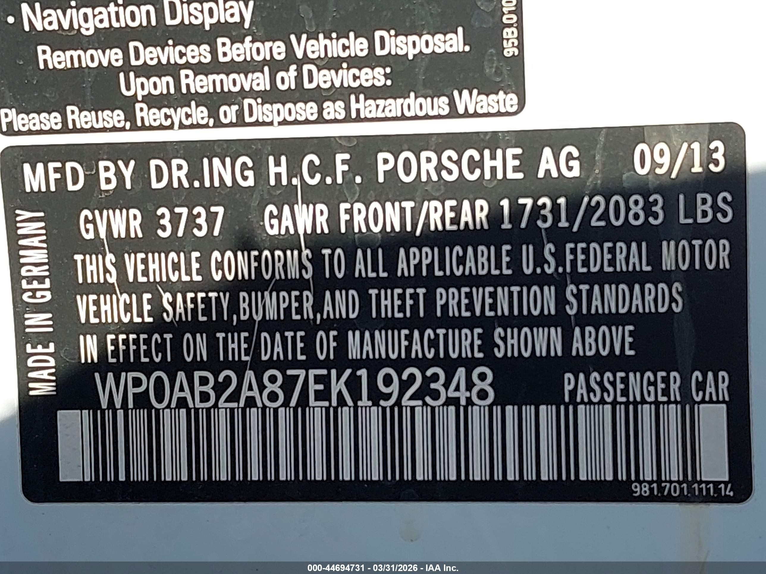2014 Porsche Cayman S Белый vin: WP0AB2A87EK192348