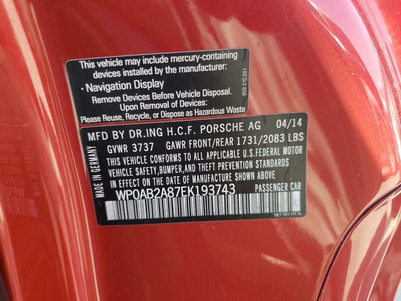 2014 Porsche Cayman S Red vin: WP0AB2A87EK193743
