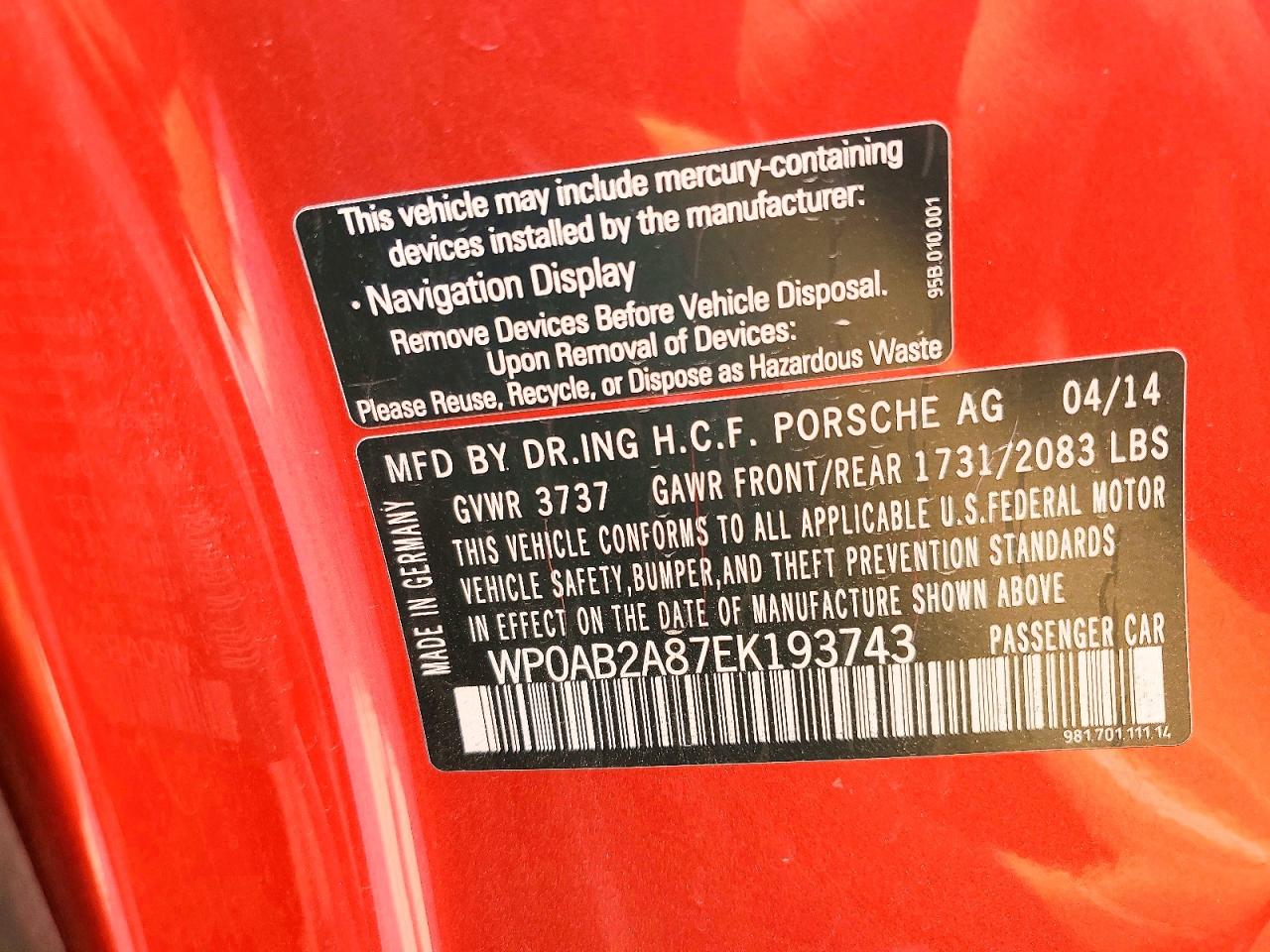 2014 Porsche Cayman S Red vin: WP0AB2A87EK193743