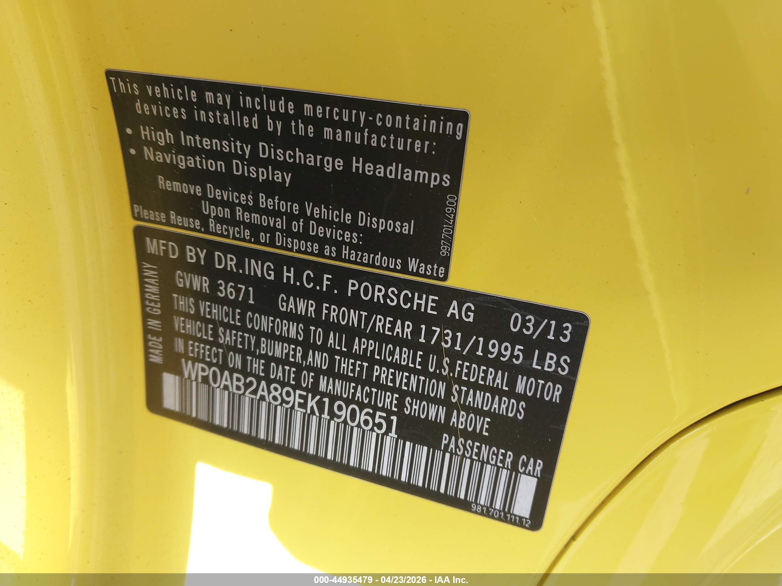 2014 Porsche Cayman S Желтый vin: WP0AB2A89EK190651