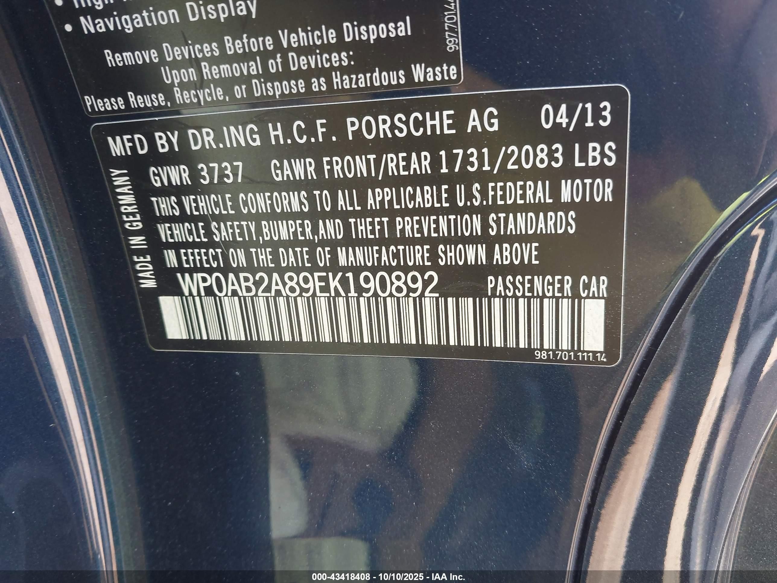2014 Porsche Cayman S Синий vin: WP0AB2A89EK190892