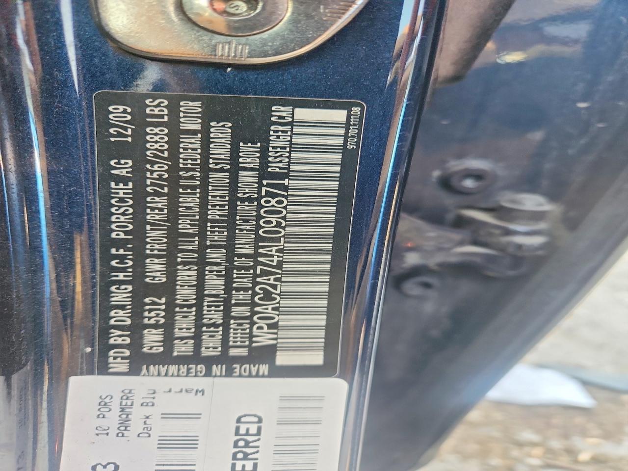 2010 Porsche Panamera Blue vin: WP0AC2A74AL090871